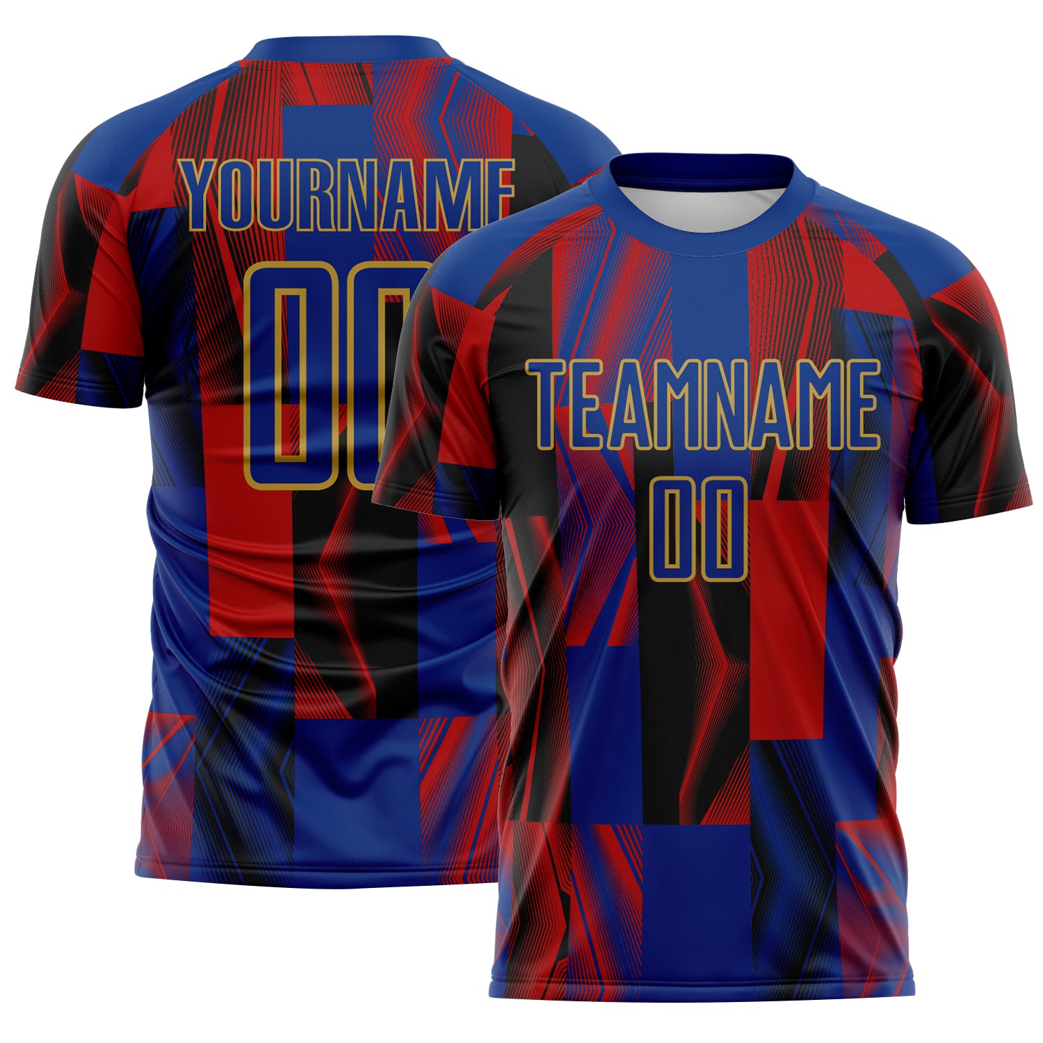 Custom Royal Black Red-Old Gold USA Style Patriotic Geometric Lines Sublimation Soccer Uniform Jersey