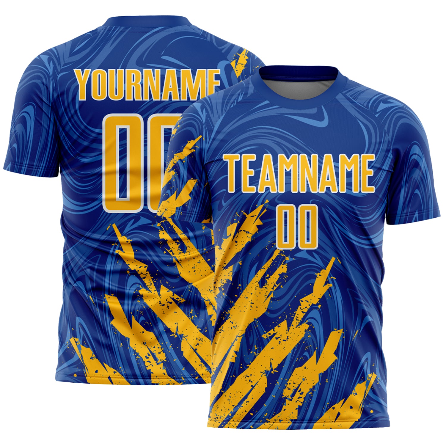 Custom Royal Gold-White Brush Stroke Splatter Liquid Swirl Sublimation Soccer Uniform Jersey