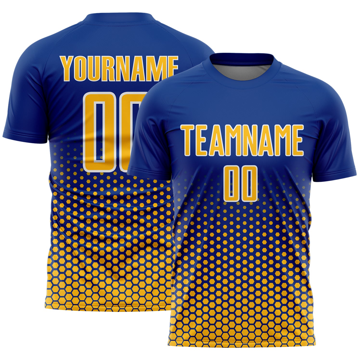 Custom Royal Gold-White Geometric Hexagonal Dot Gradient Sublimation Soccer Uniform Jersey