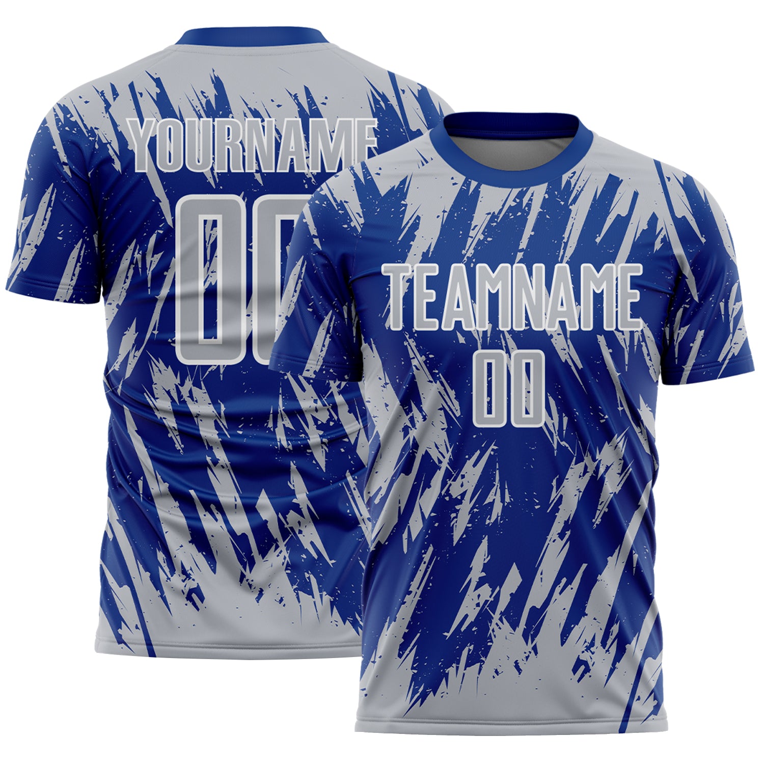 Custom Royal Gray-White Splatter Torn Sharp Brush Stroke Sublimation Soccer Uniform Jersey
