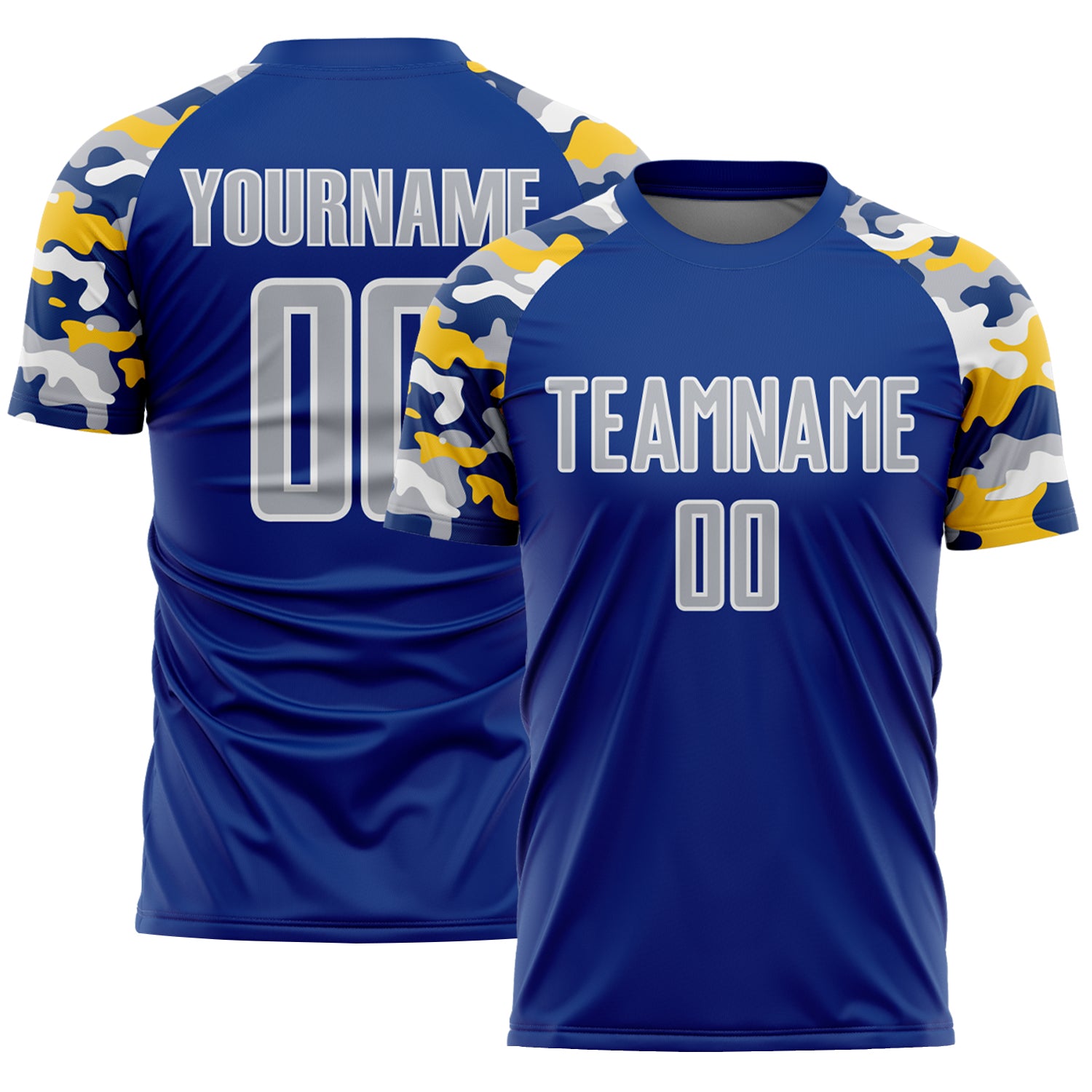 Custom Royal Gray Yellow-White Digital Camo Raglan Sleeves Sublimation Soccer Uniform Jersey