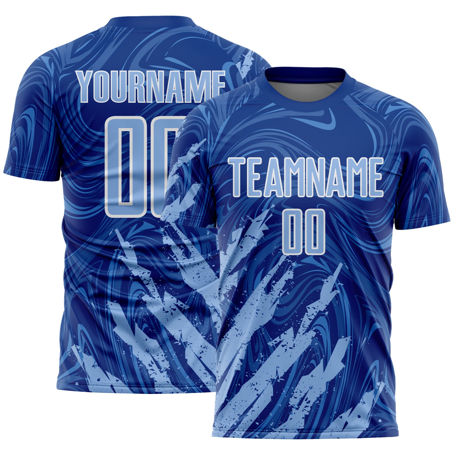Custom Royal Light Blue-White Brush Stroke Splatter Liquid Swirl Sublimation Soccer Uniform Jersey