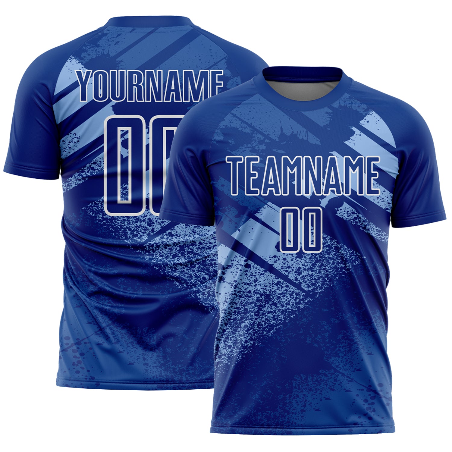 Custom Royal Light Blue-White Grunge Splatter Brush Stroke Sublimation Soccer Uniform Jersey
