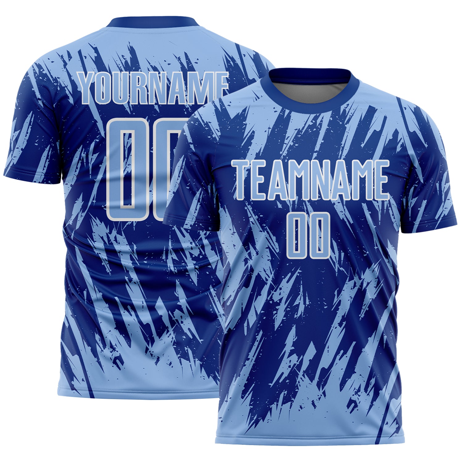 Custom Royal Light Blue-White Splatter Torn Sharp Brush Stroke Sublimation Soccer Uniform Jersey