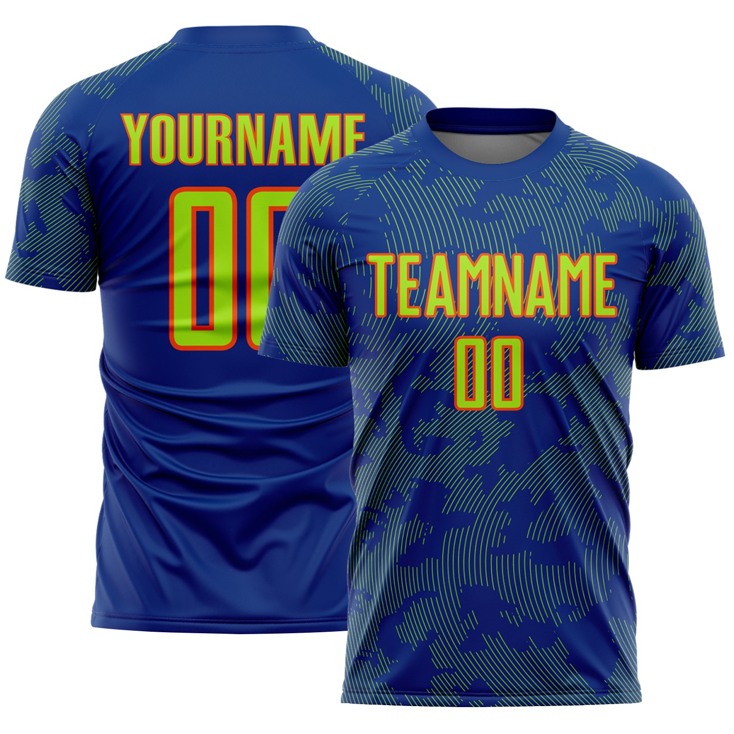 Custom Royal Neon Green-Orange Curve Lines Sublimation Soccer Uniform Jersey