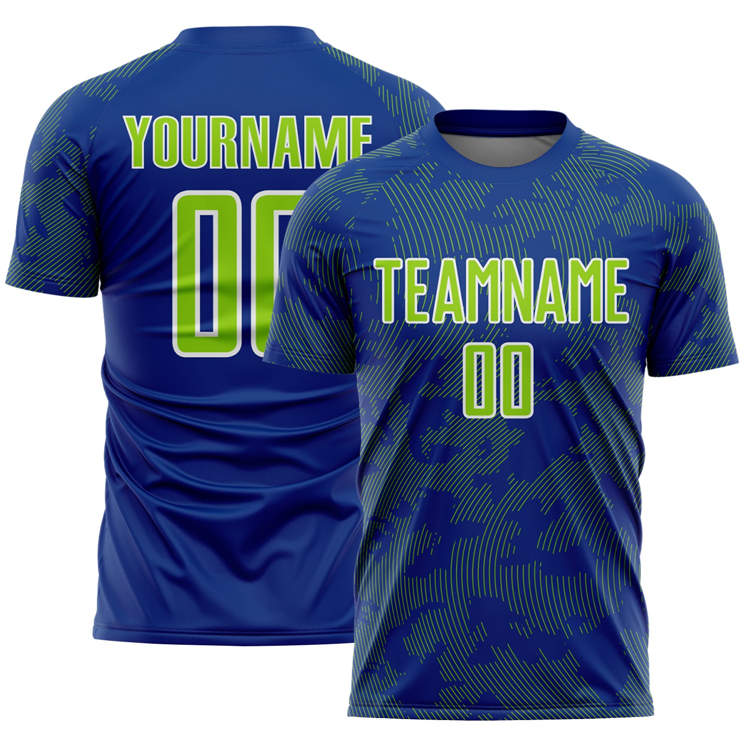 Custom Royal Neon Green-White Curve Lines Sublimation Soccer Uniform Jersey
