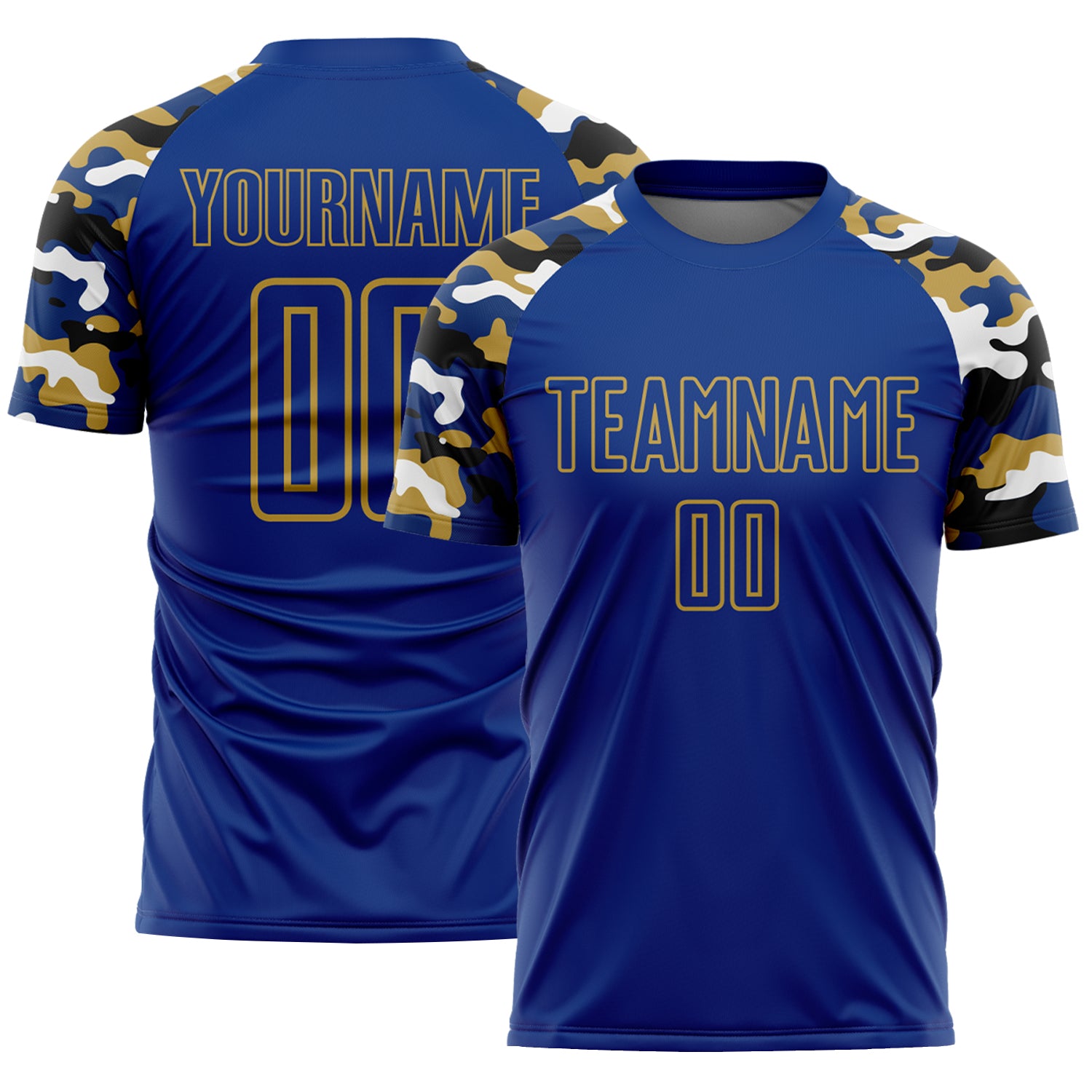 Custom Royal Old Gold Black-White Digital Camo Raglan Sleeves Sublimation Soccer Uniform Jersey