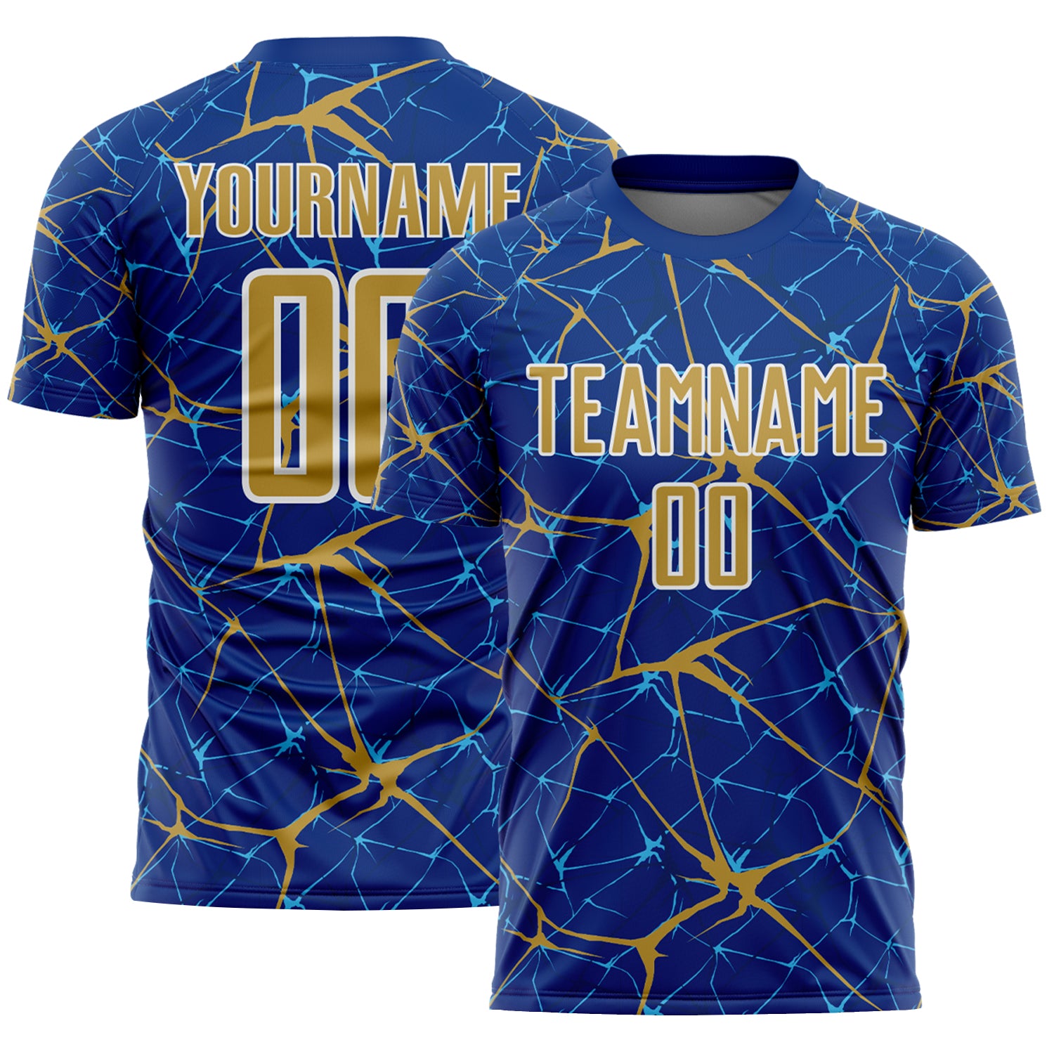 Custom Royal Old Gold-White Abstract Network Crackle Sublimation Soccer Uniform Jersey