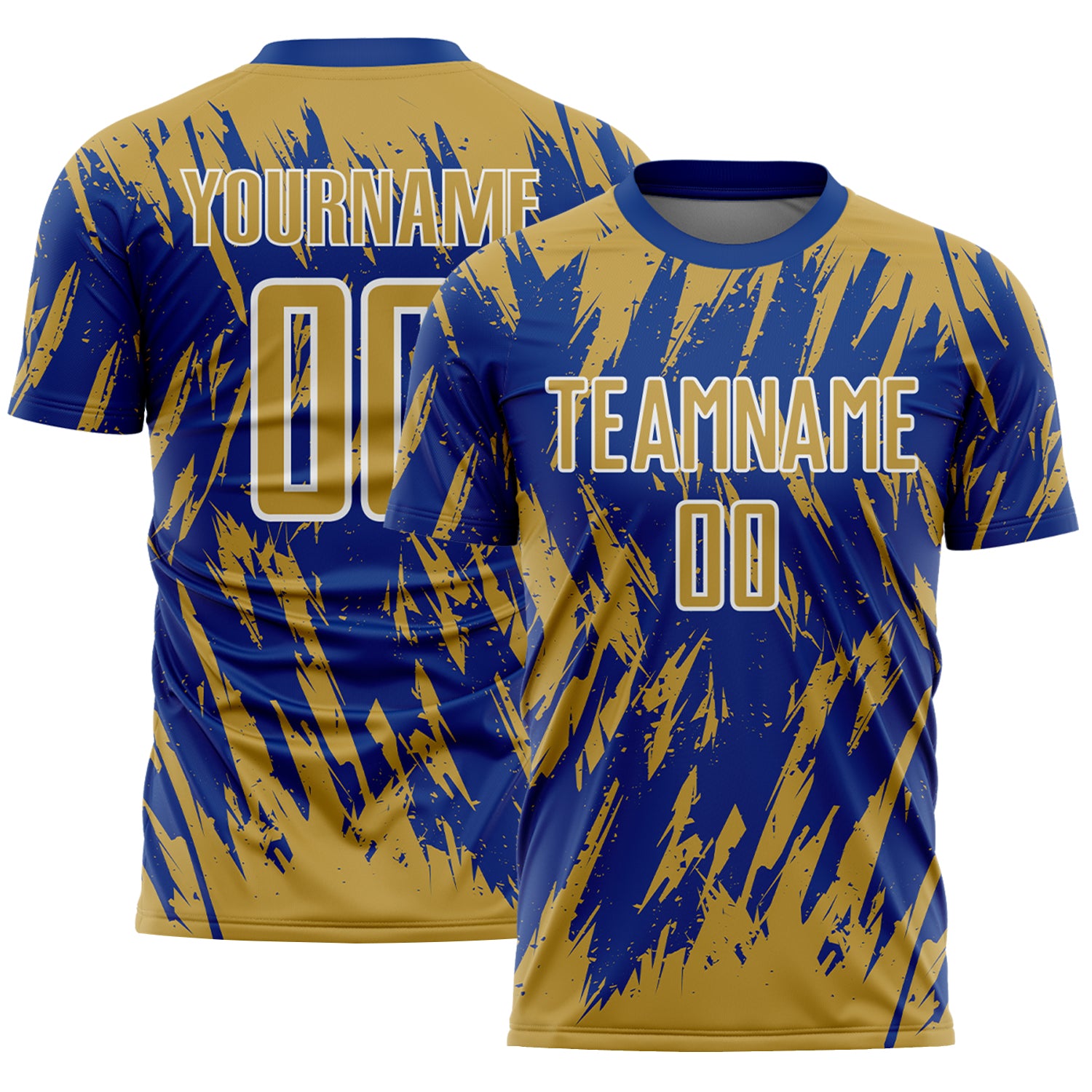Custom Royal Old Gold-White Splatter Torn Sharp Brush Stroke Sublimation Soccer Uniform Jersey