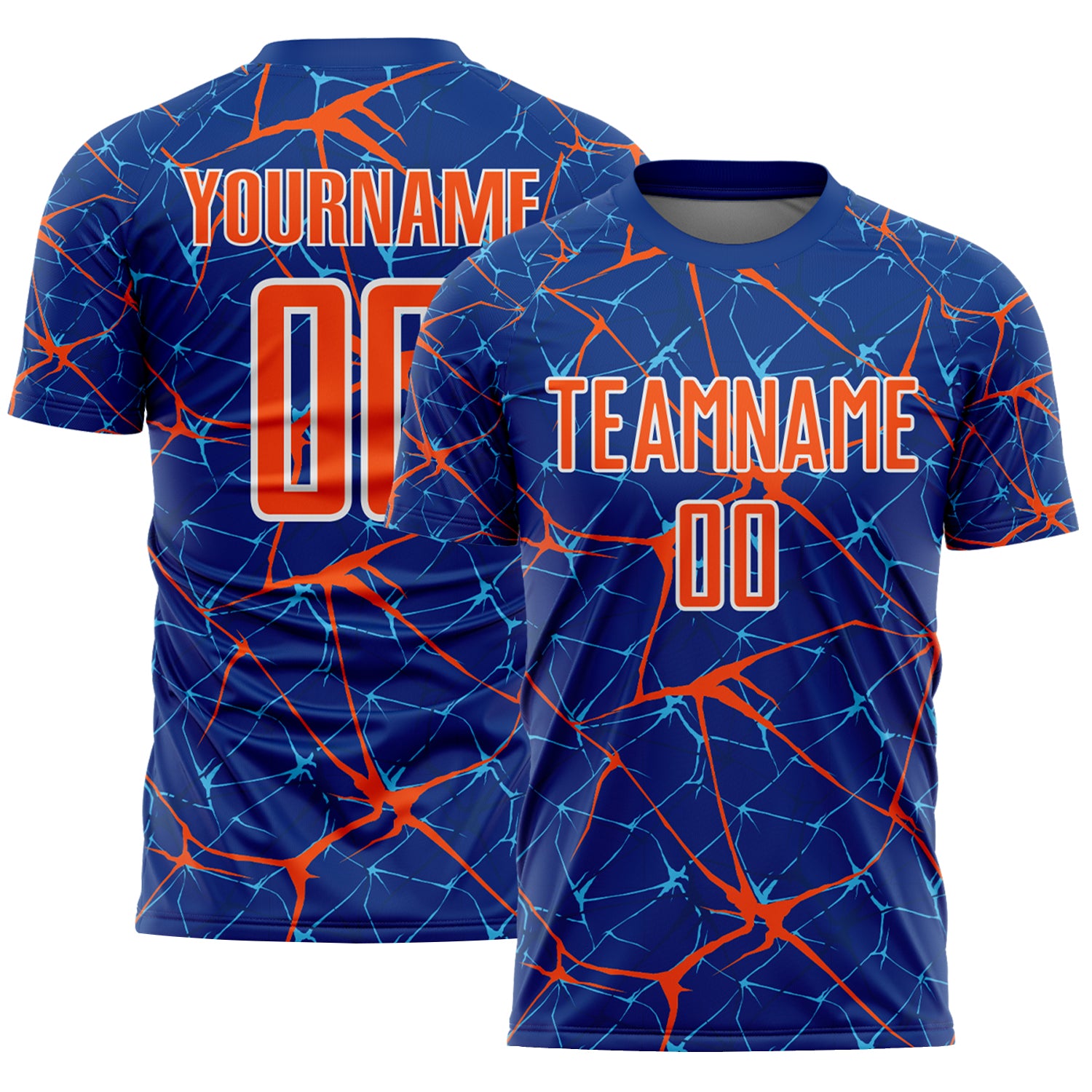 Custom Royal Orange-White Abstract Network Crackle Sublimation Soccer Uniform Jersey