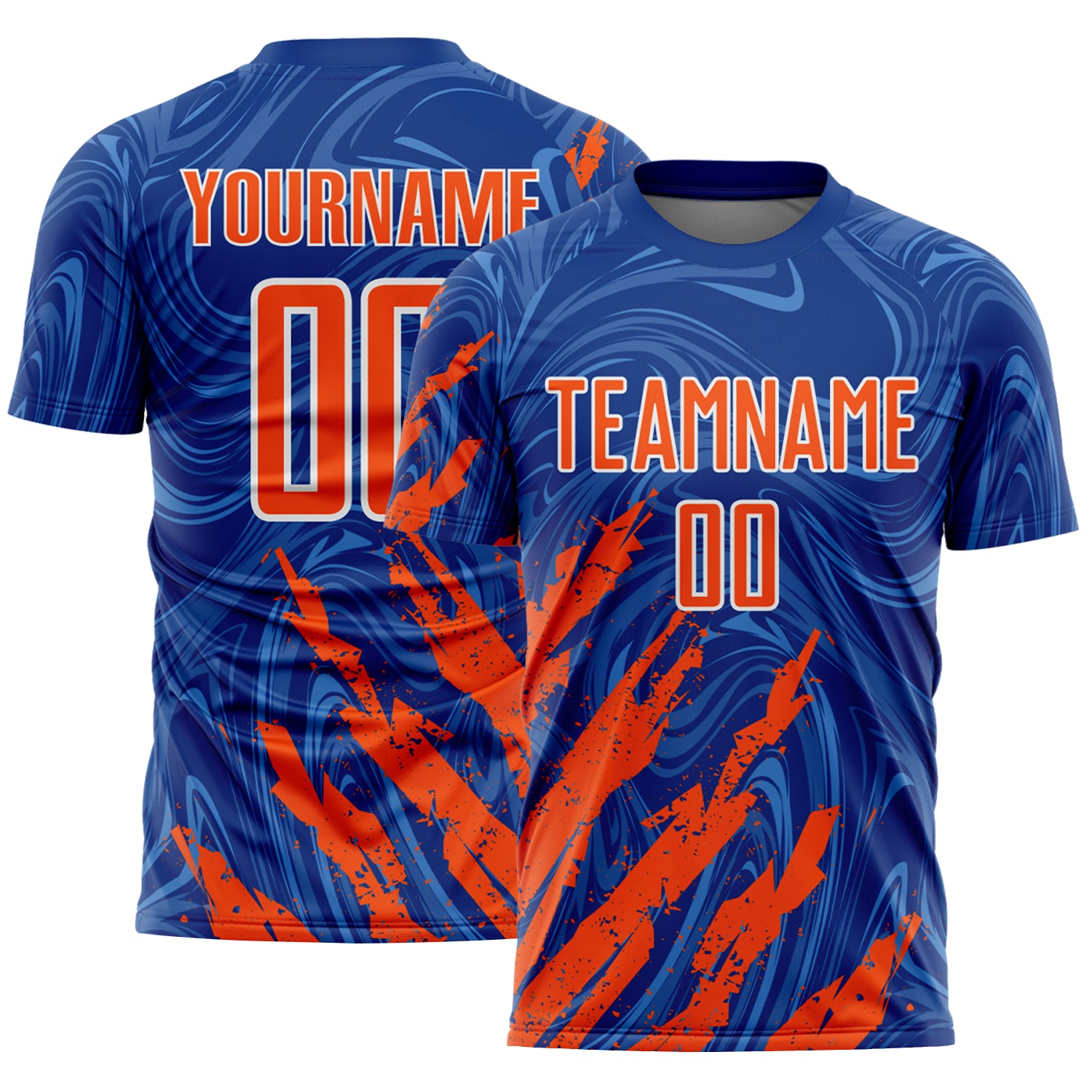 Custom Royal Orange-White Brush Stroke Splatter Liquid Swirl Sublimation Soccer Uniform Jersey