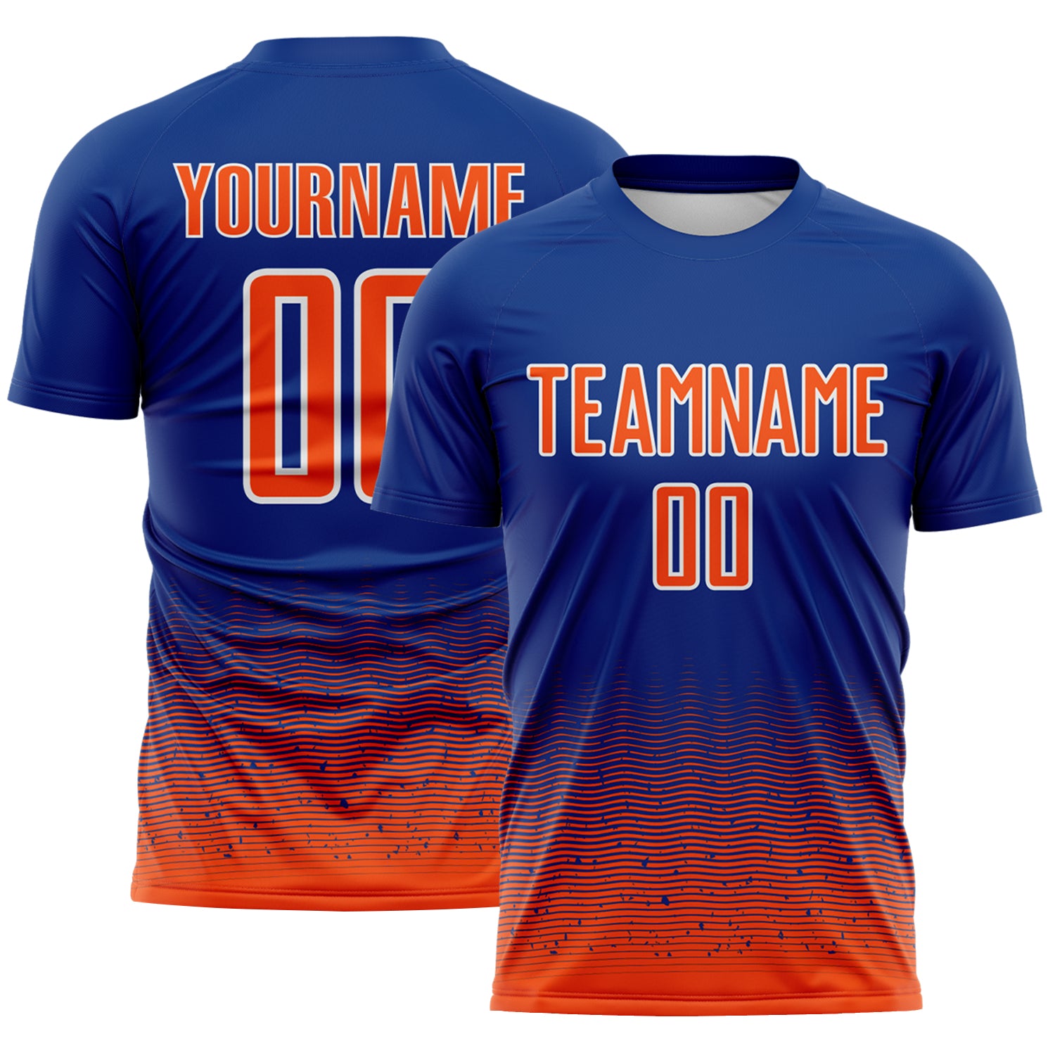 Custom Royal Orange-White Fade Wave Lines Splatter Sublimation Soccer Uniform Jersey