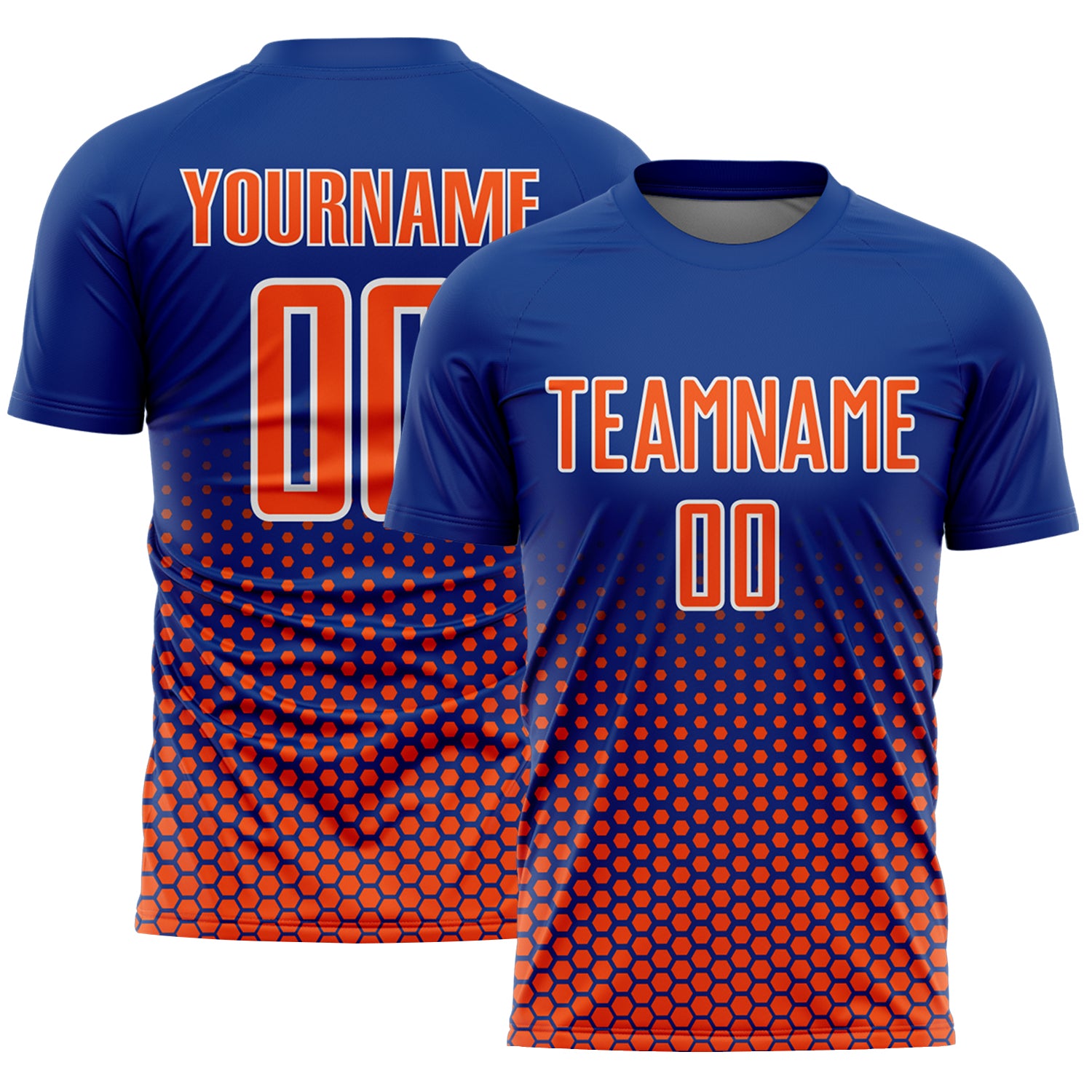 Custom Royal Orange-White Geometric Hexagonal Dot Gradient Sublimation Soccer Uniform Jersey