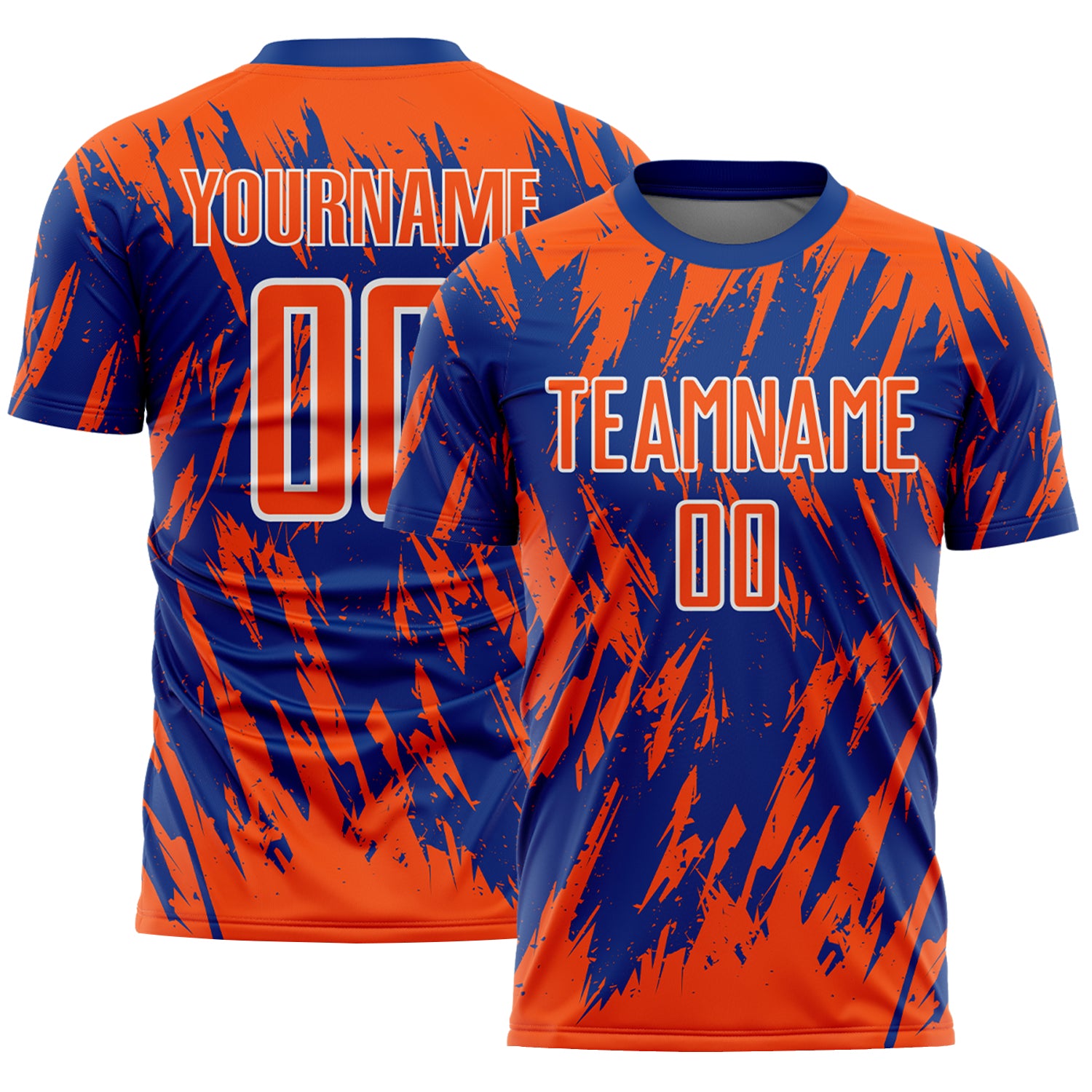 Custom Royal Orange-White Splatter Torn Sharp Brush Stroke Sublimation Soccer Uniform Jersey