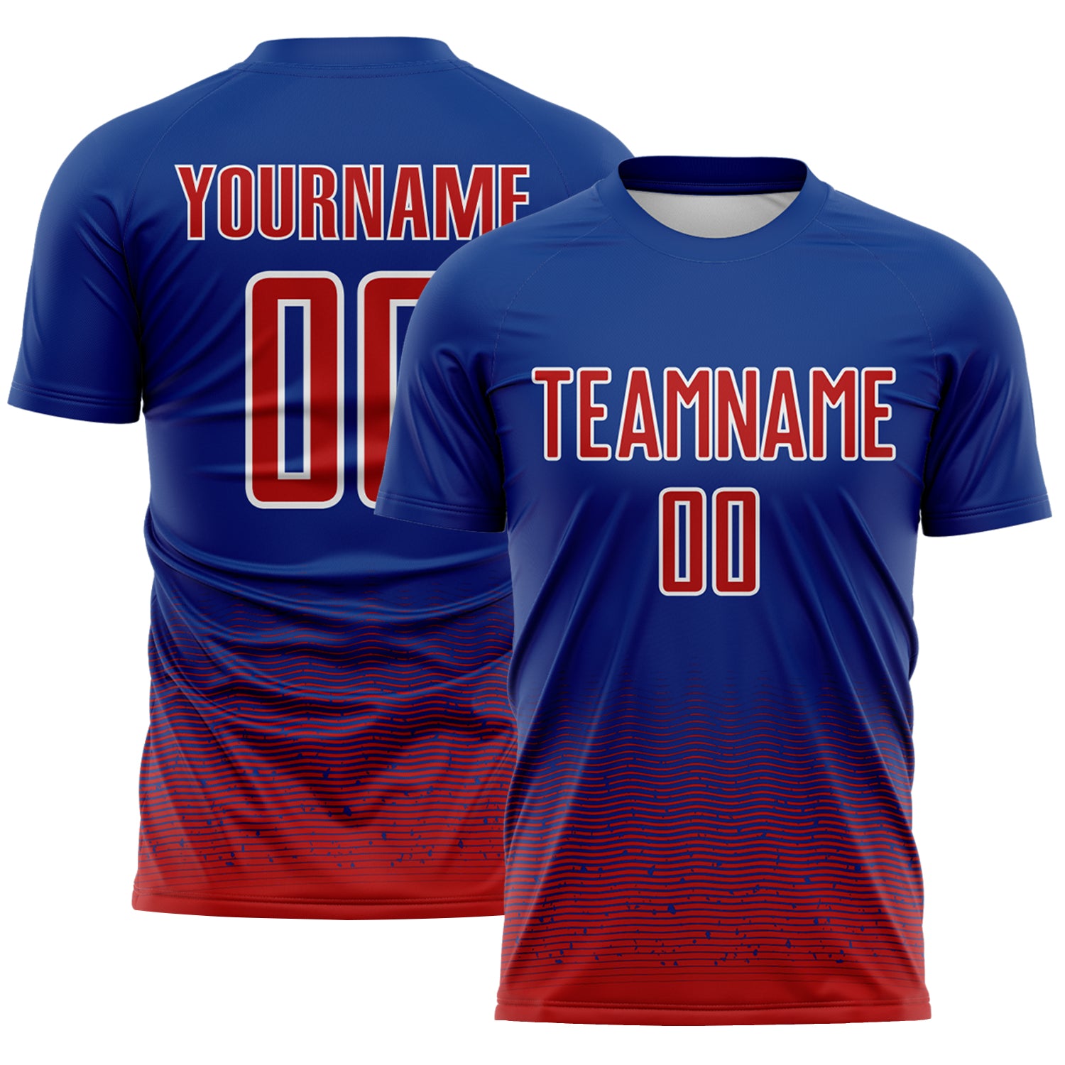 Custom Royal Red-White Fade Wave Lines Splatter Sublimation Soccer Uniform Jersey