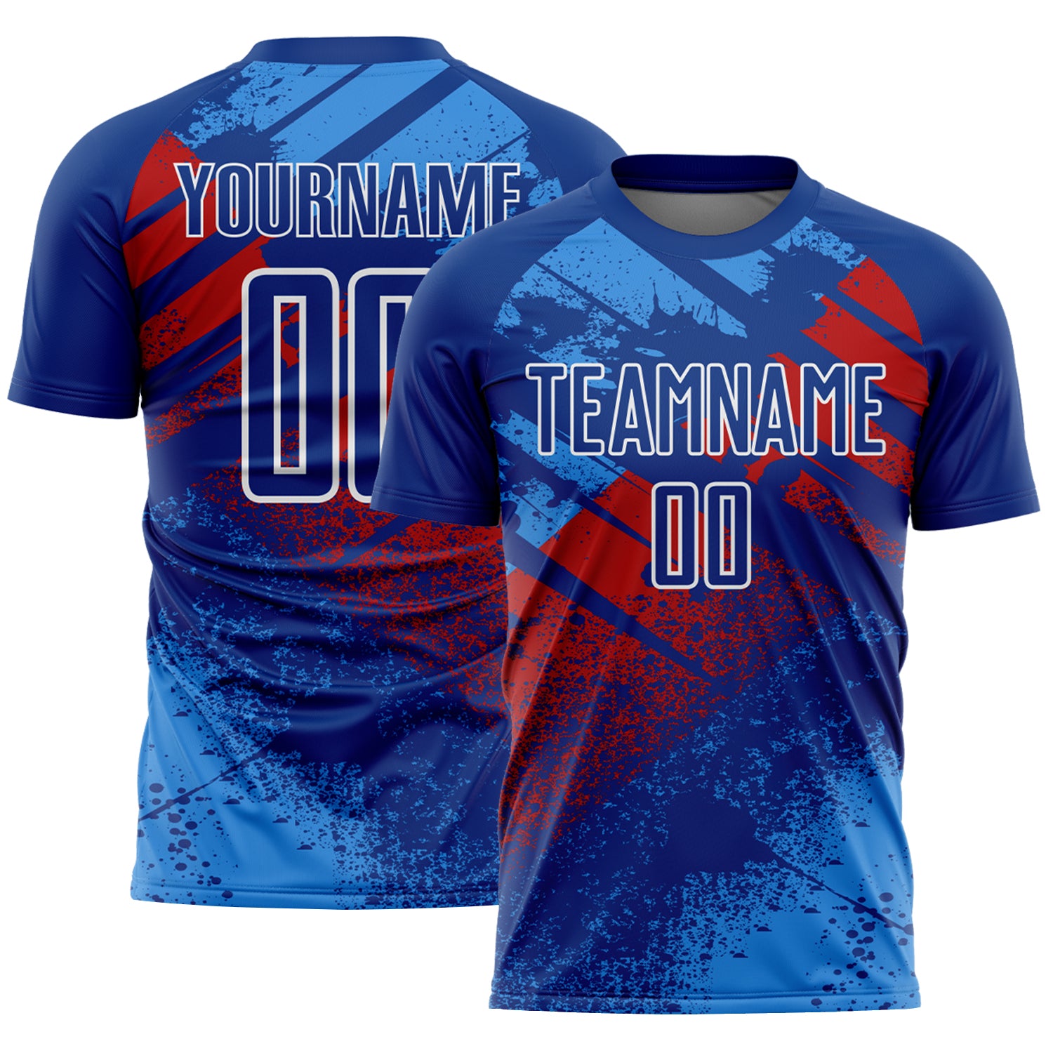 Custom Royal Red-White Grunge Splatter Brush Stroke Sublimation Soccer Uniform Jersey