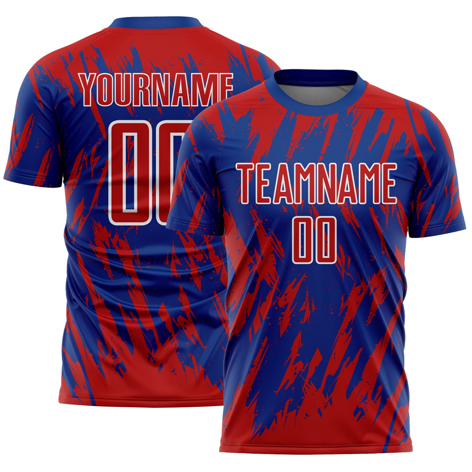 Custom Royal Red-White Splatter Torn Sharp Brush Stroke Sublimation Soccer Uniform Jersey