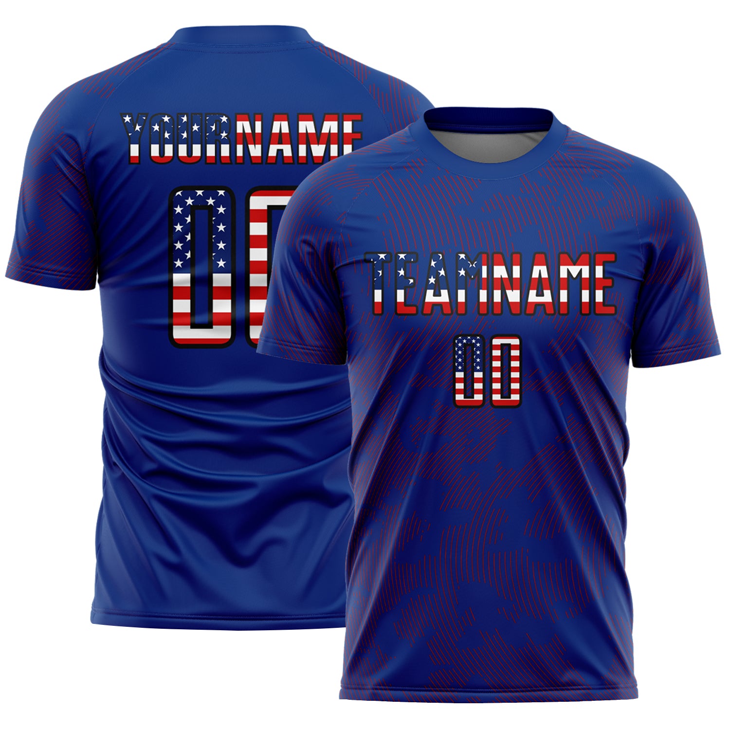 Custom Royal USA Flag Red-Black Curve Lines Sublimation Soccer Uniform Jersey