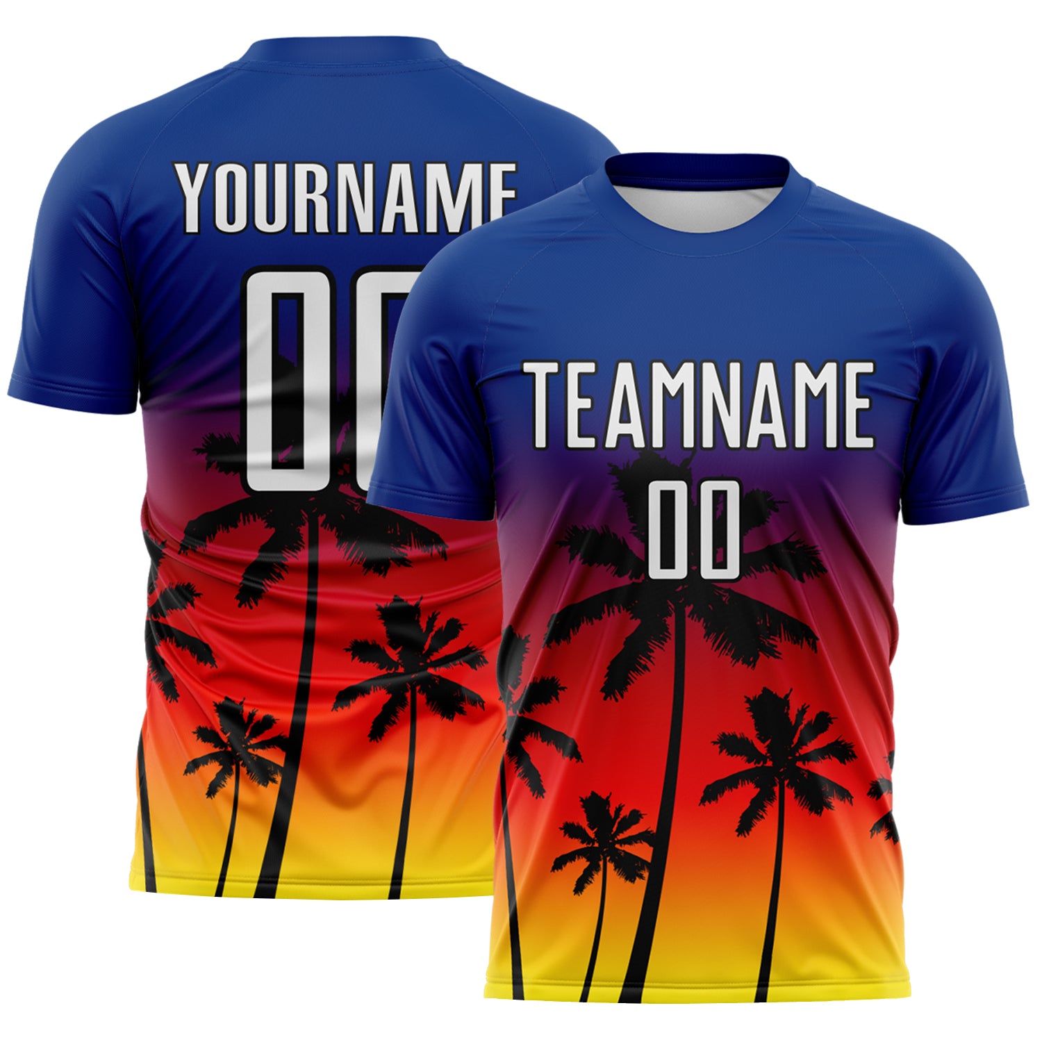 Custom Royal White Fire Red Light Yellow-Black Tropical Hawaii Palm Trees Gradient Sublimation Soccer Uniform Jersey
