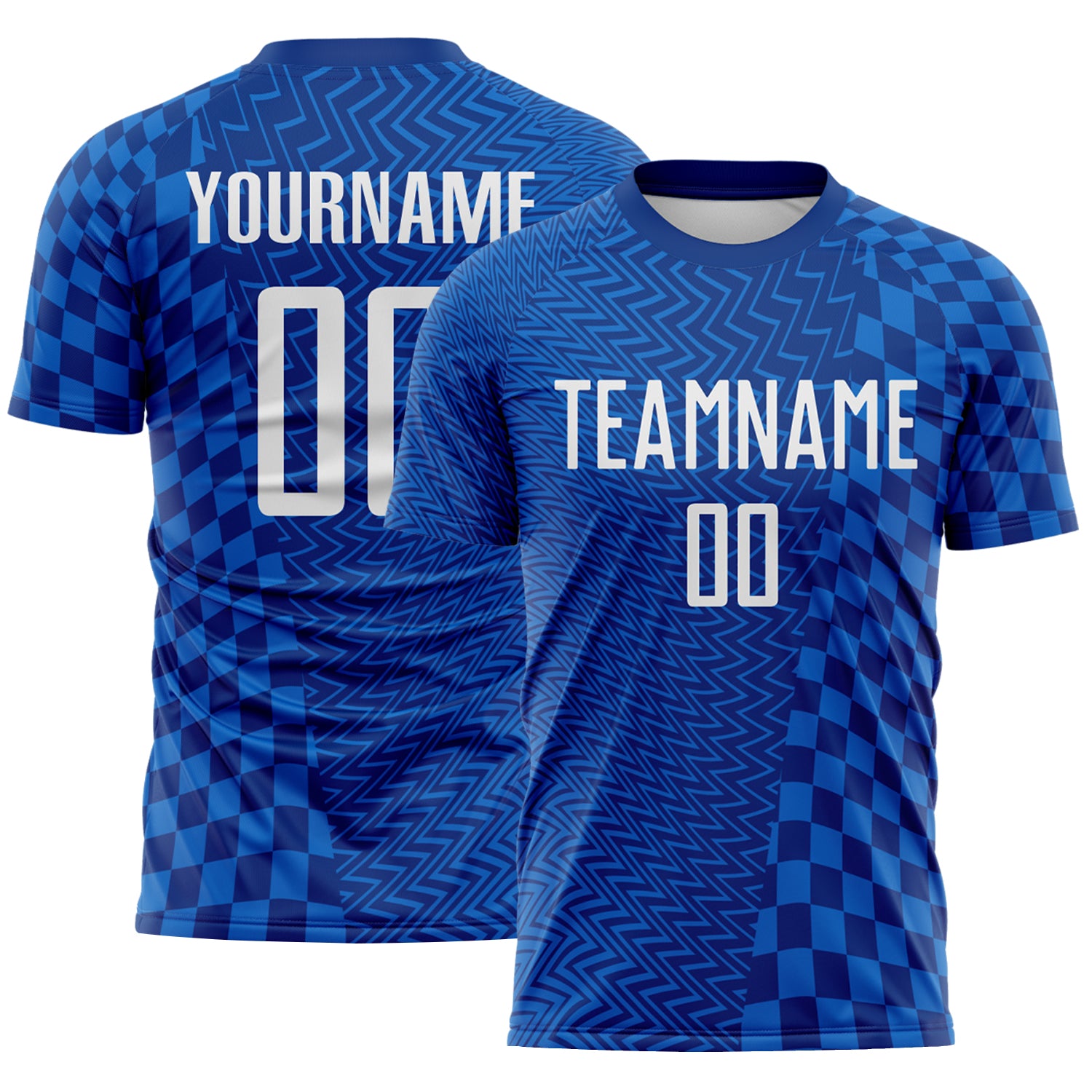 Custom Royal-White Geometric Patchwork Asymmetry Checkered Zigzag Lines Sublimation Soccer Uniform Jersey