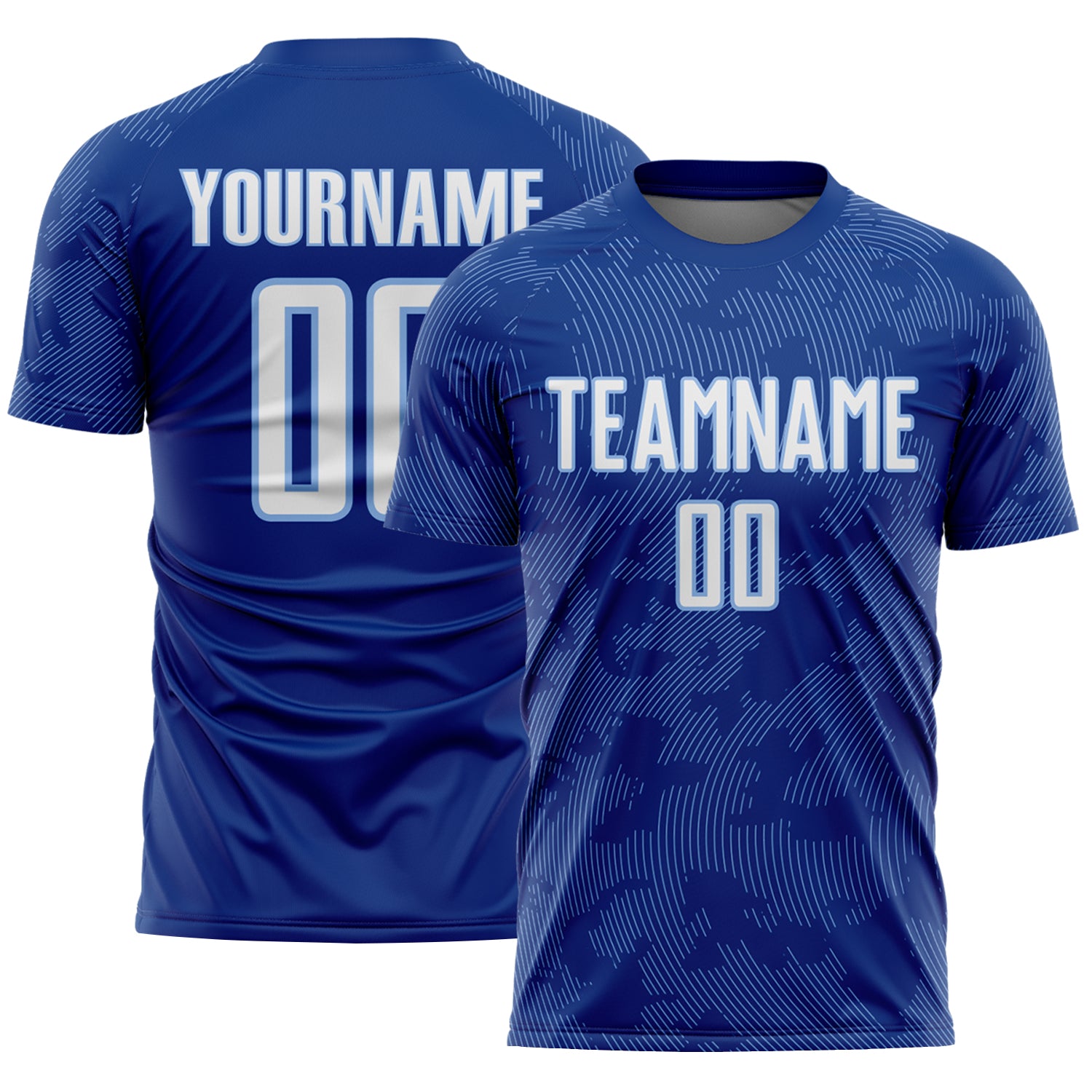 Custom Royal White-Light Blue Curve Lines Sublimation Soccer Uniform Jersey