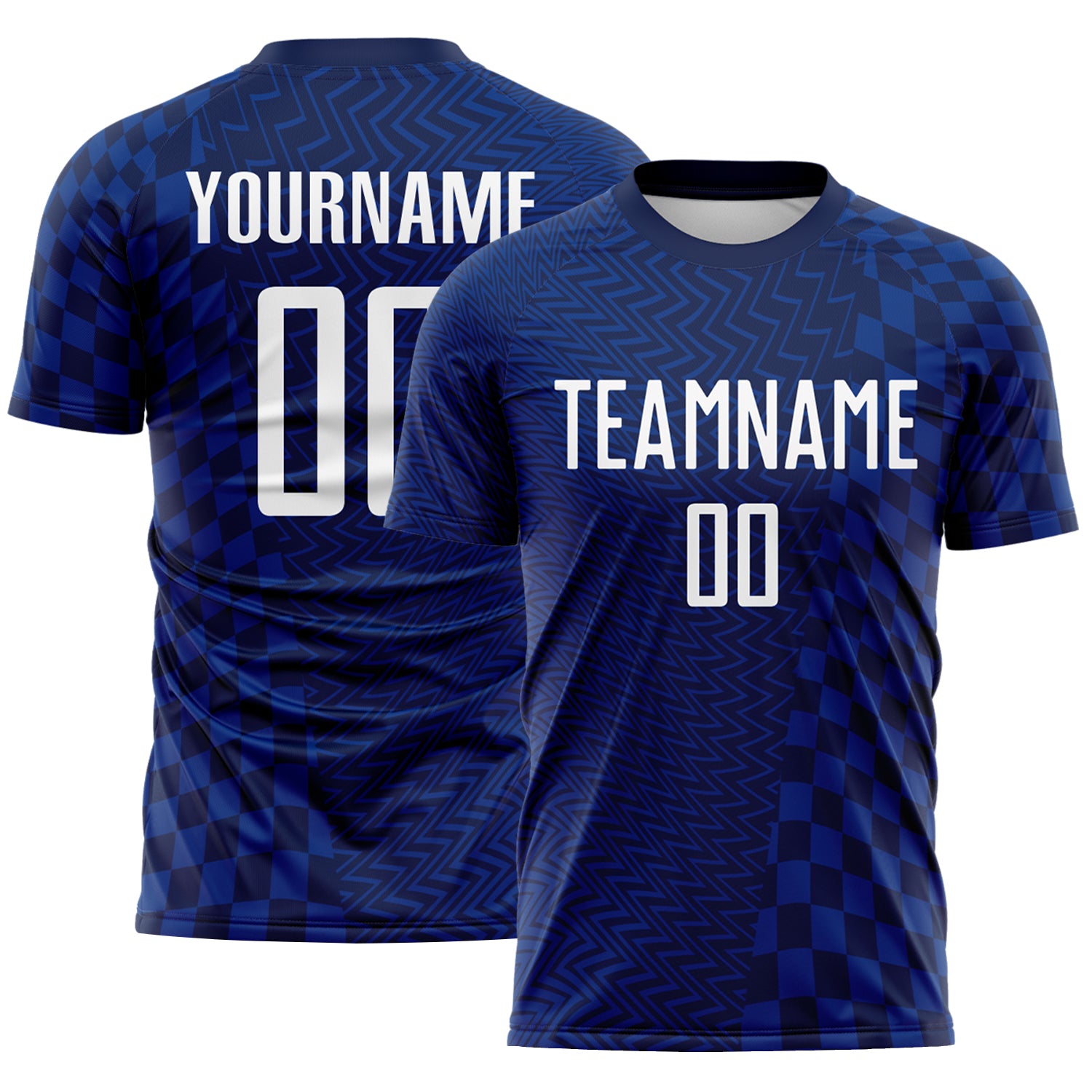 Custom Royal White-Navy Geometric Patchwork Asymmetry Checkered Zigzag Lines Sublimation Soccer Uniform Jersey