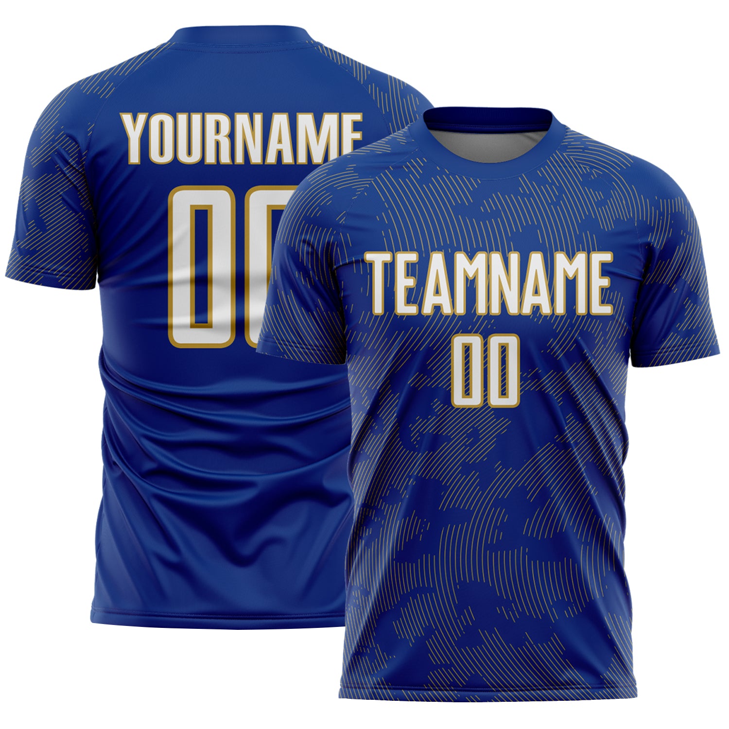 Custom Royal White-Old Gold Curve Lines Sublimation Soccer Uniform Jersey