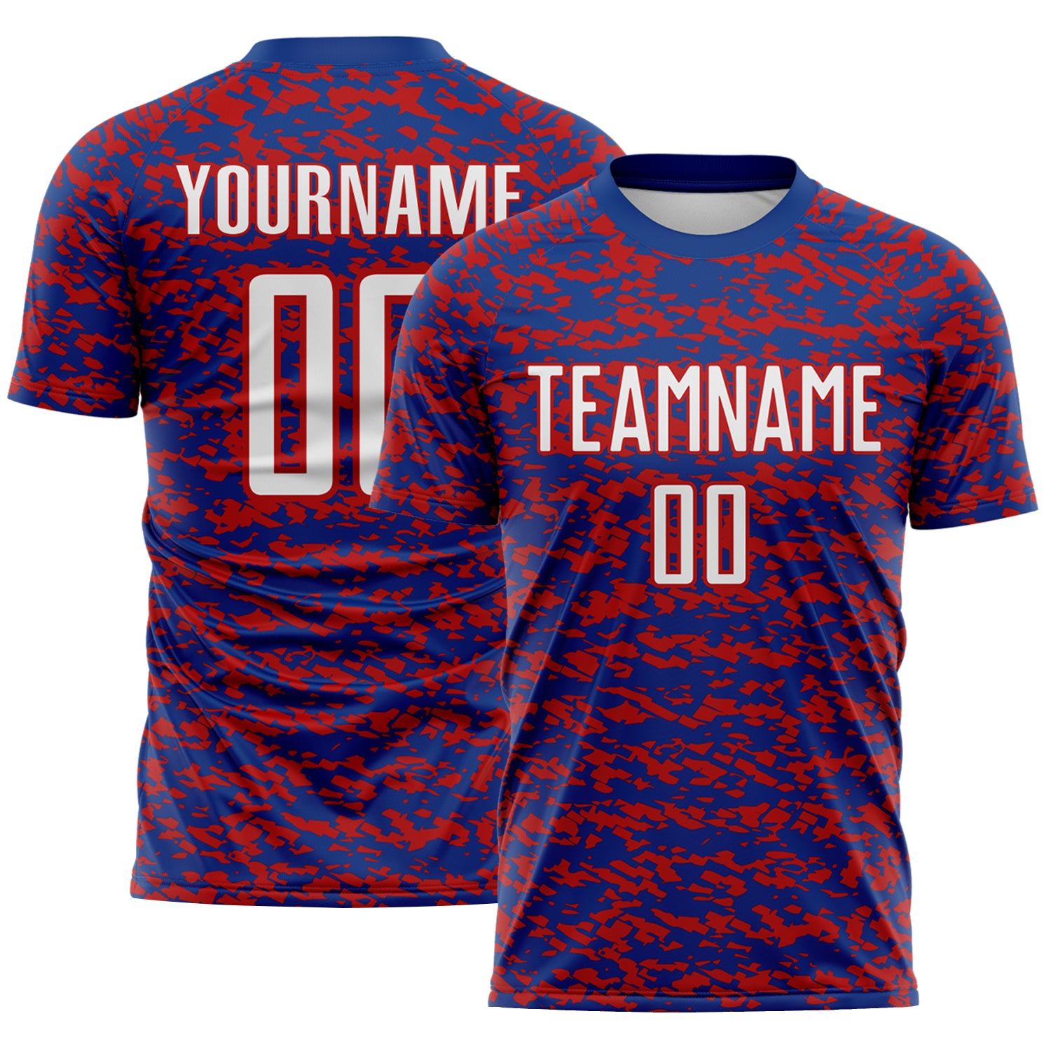 Custom Royal White-Red Geometric Fragment Splatter Sublimation Soccer Uniform Jersey