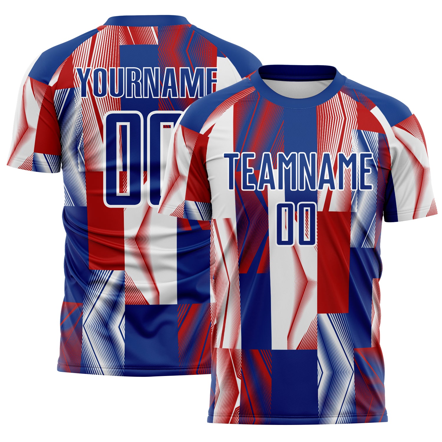 Custom Royal White-Red USA Style Patriotic Geometric Lines Sublimation Soccer Uniform Jersey