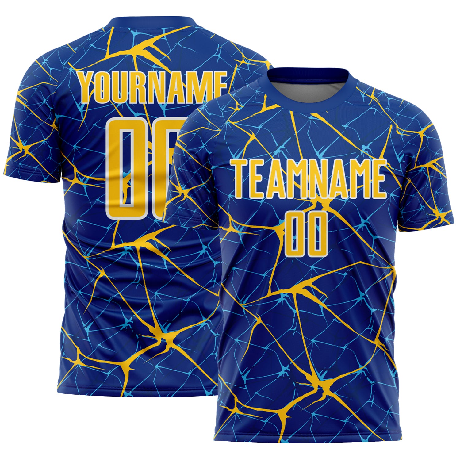 Custom Royal Yellow-White Abstract Network Crackle Sublimation Soccer Uniform Jersey