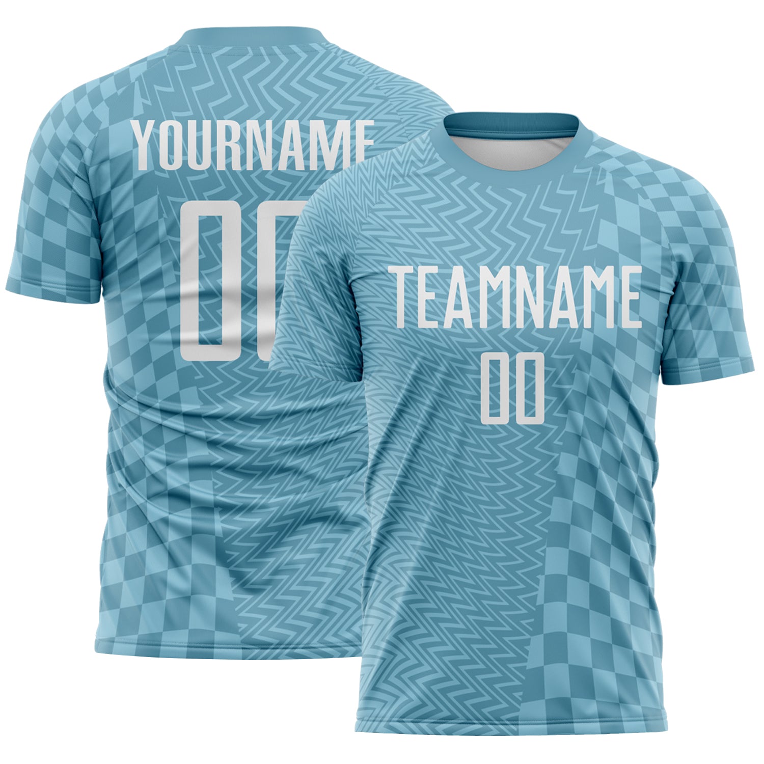 Custom Shadow Blue-White Geometric Patchwork Asymmetry Checkered Zigzag Lines Sublimation Soccer Uniform Jersey