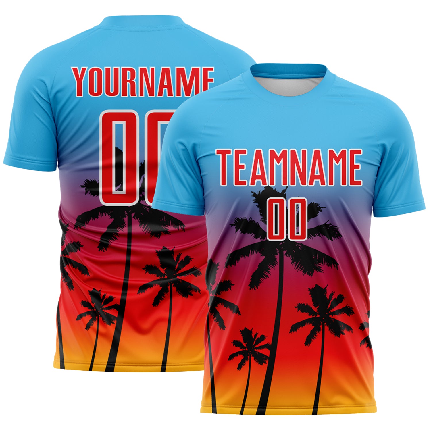 Custom Sky Blue Fire Red Gold White-Black Tropical Hawaii Palm Trees Gradient Sublimation Soccer Uniform Jersey