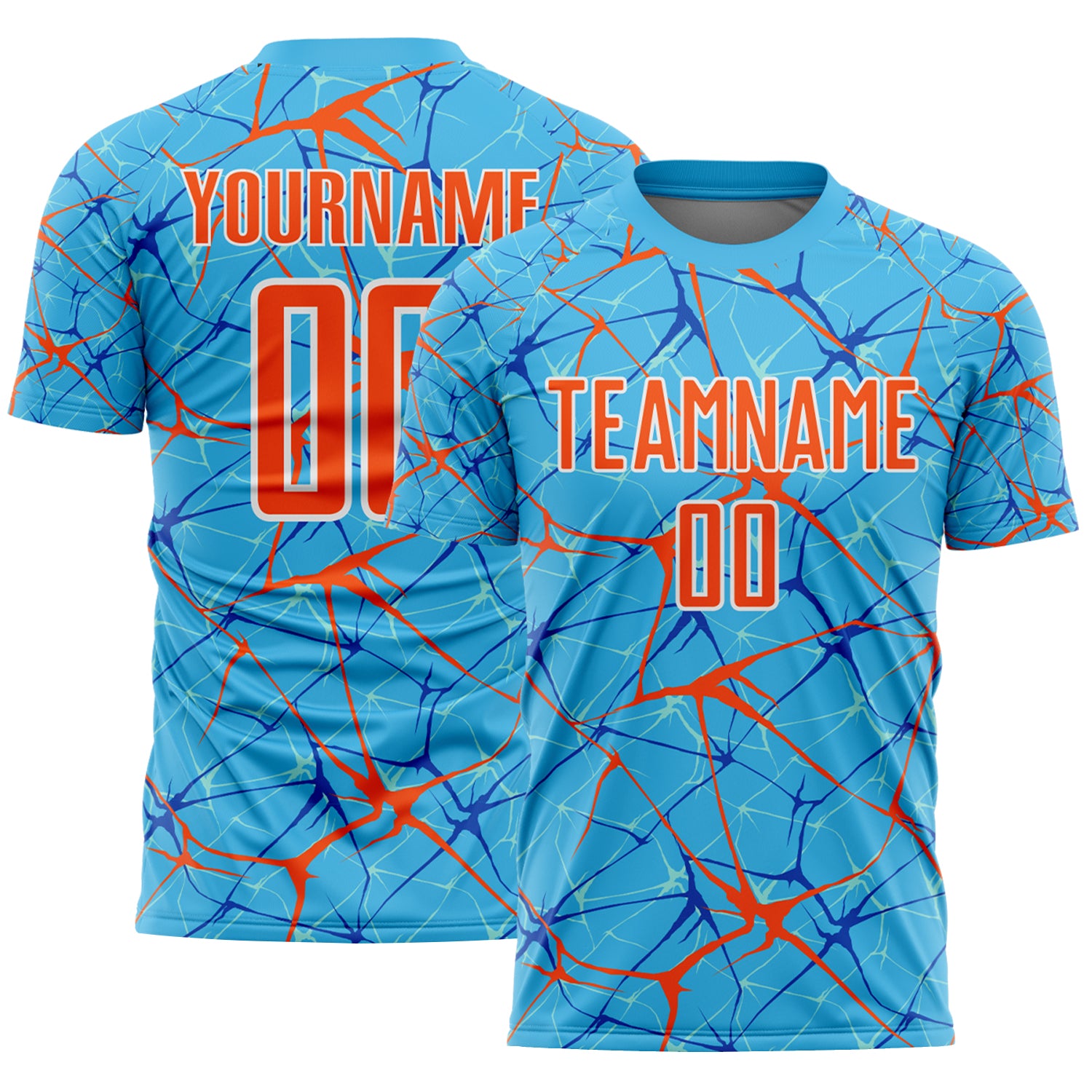 Custom Sky Blue Orange-White Abstract Network Crackle Sublimation Soccer Uniform Jersey