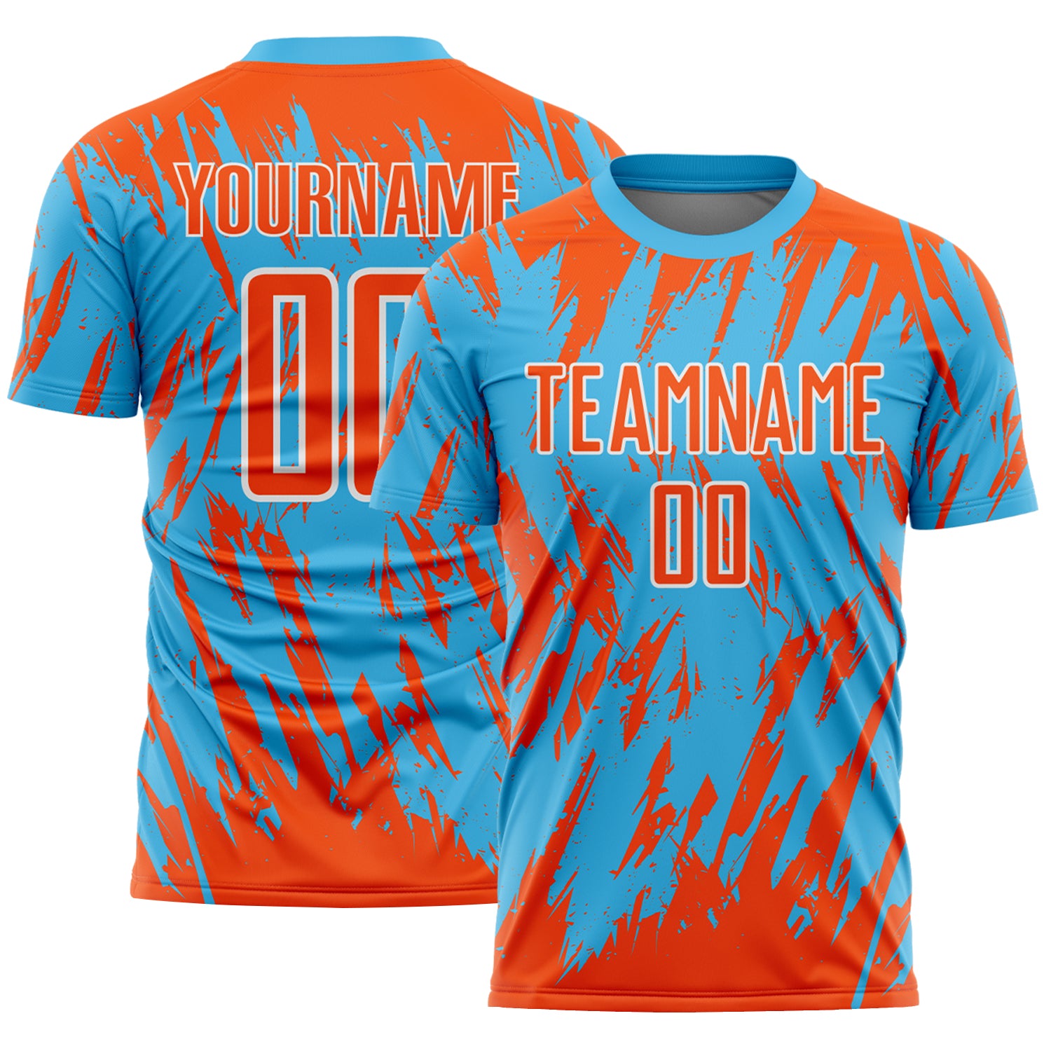 Custom Sky Blue Orange-White Splatter Torn Sharp Brush Stroke Sublimation Soccer Uniform Jersey