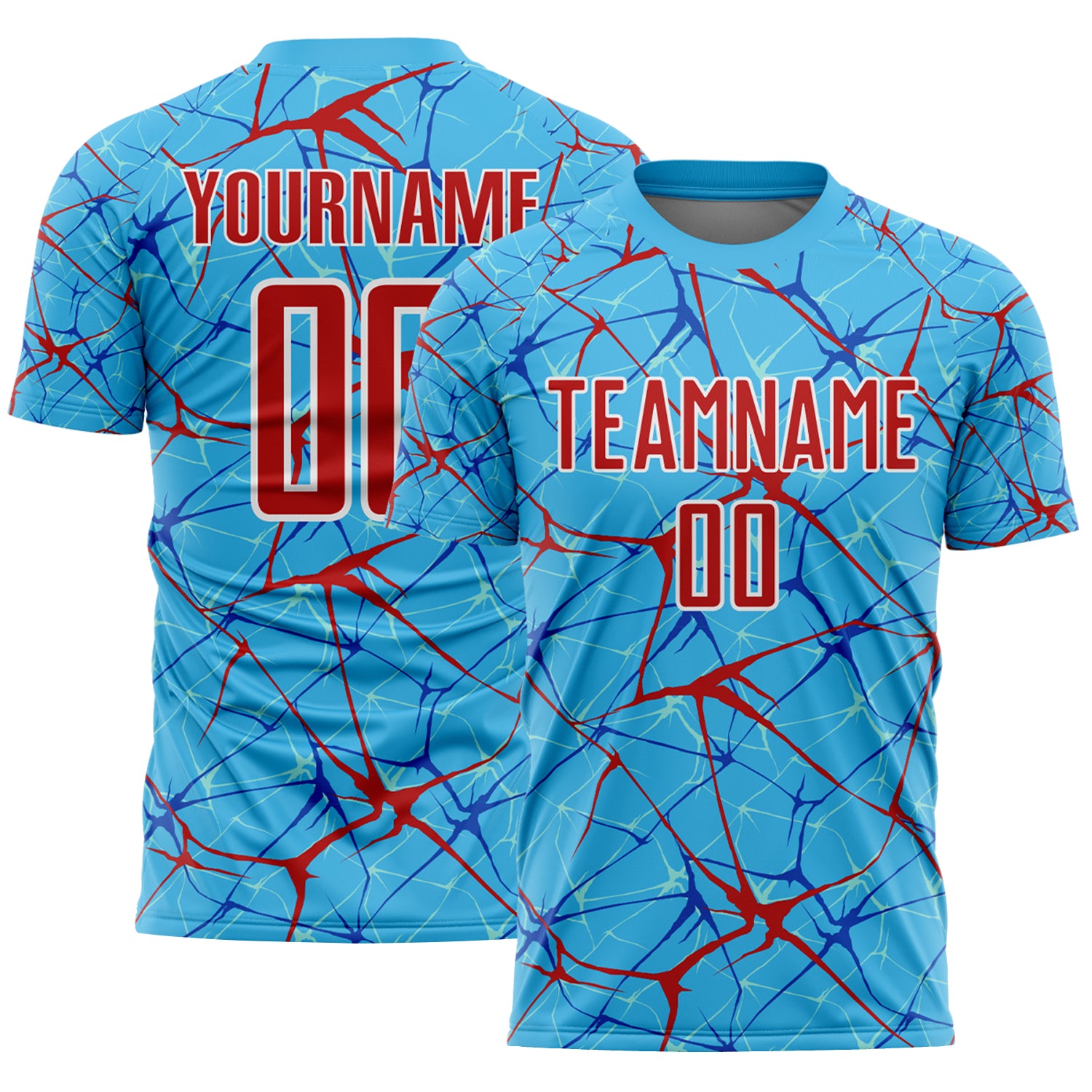 Custom Sky Blue Red-White Abstract Network Crackle Sublimation Soccer Uniform Jersey