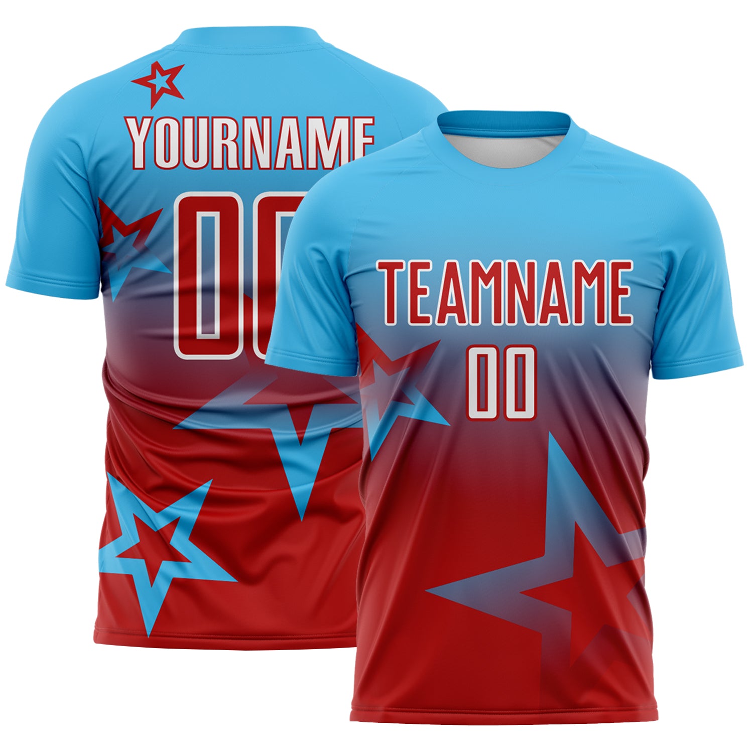 Custom Sky Blue Red-White Gradient Style Twinkle Star Sublimation Soccer Uniform Jersey