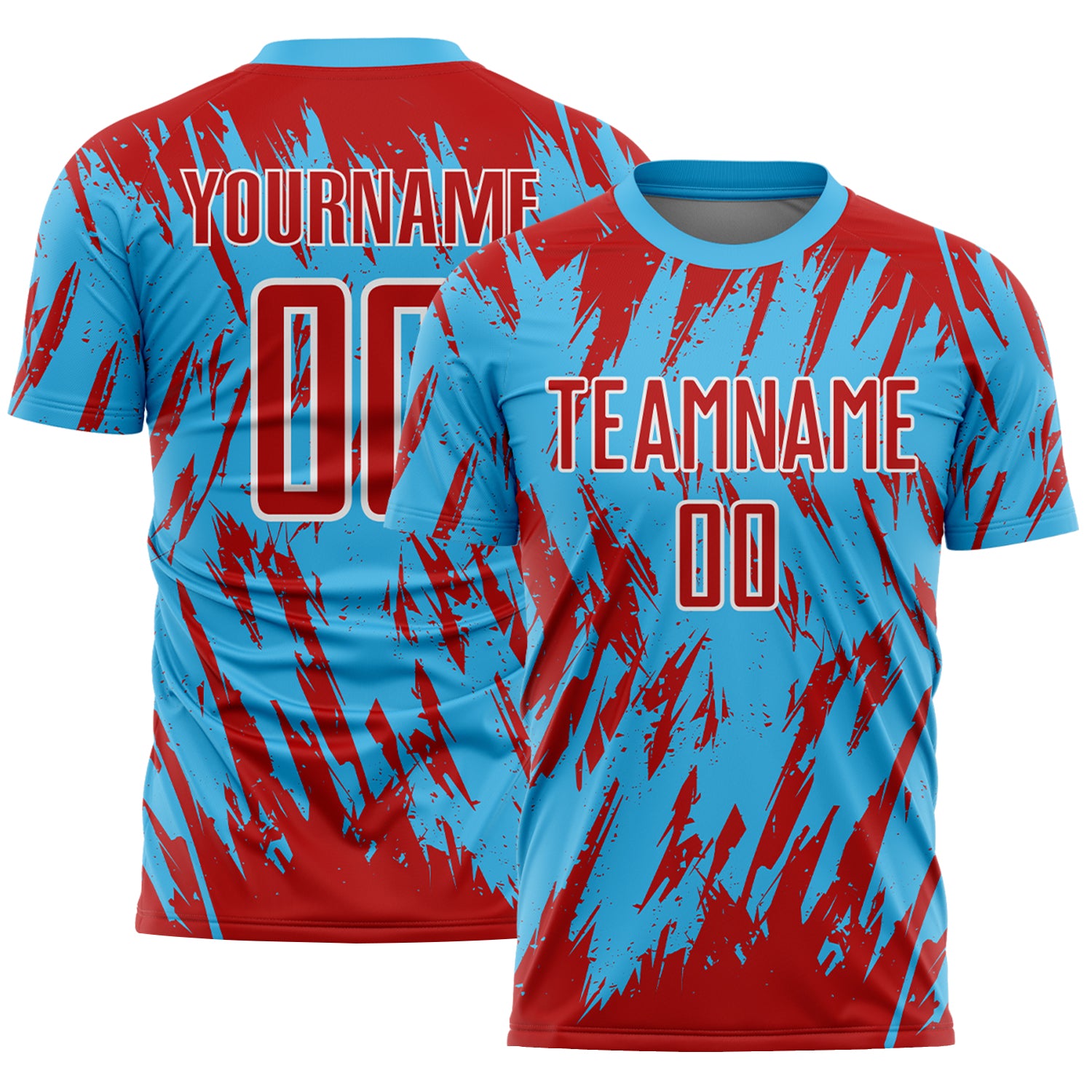 Custom Sky Blue Red-White Splatter Torn Sharp Brush Stroke Sublimation Soccer Uniform Jersey