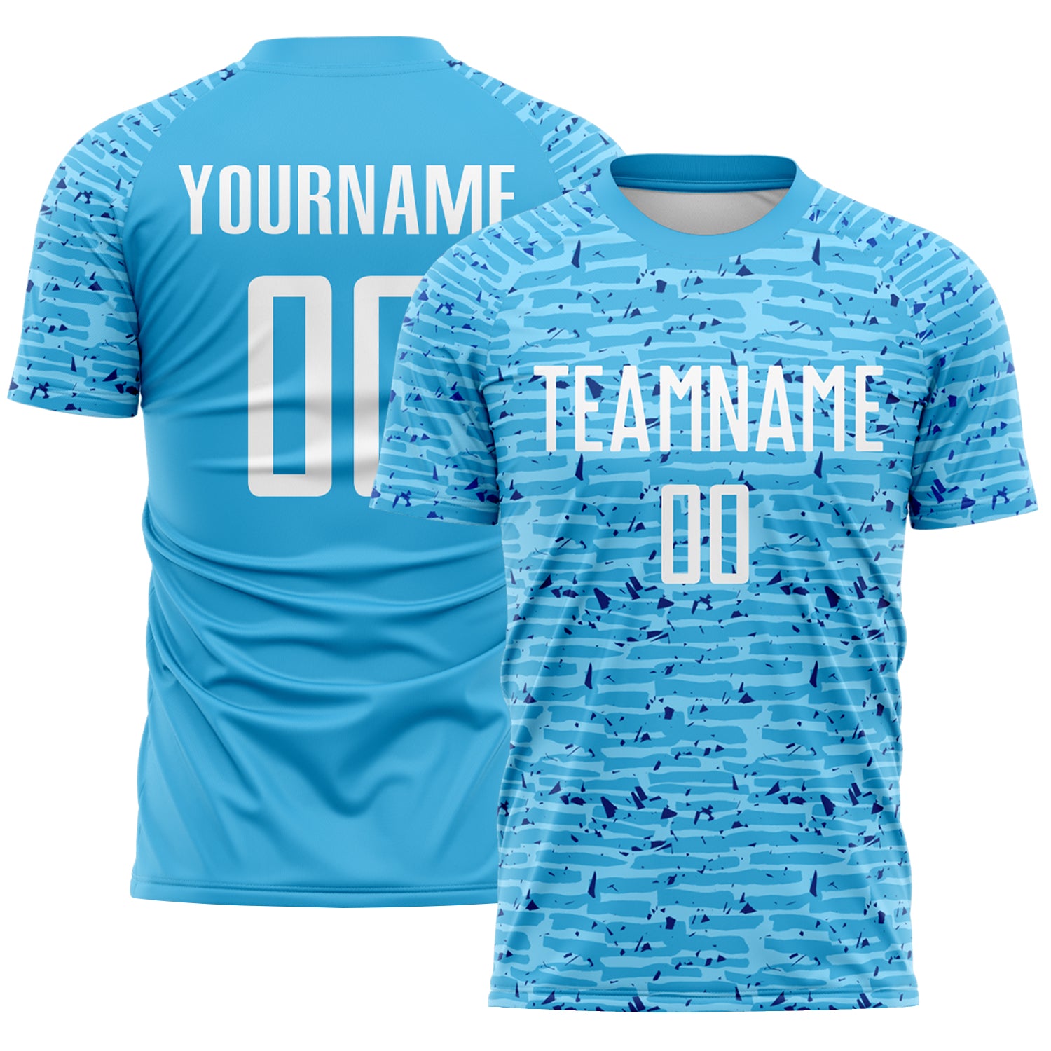 Custom Sky Blue-White Distressed Fragment Brush Stroke Sublimation Soccer Uniform Jersey