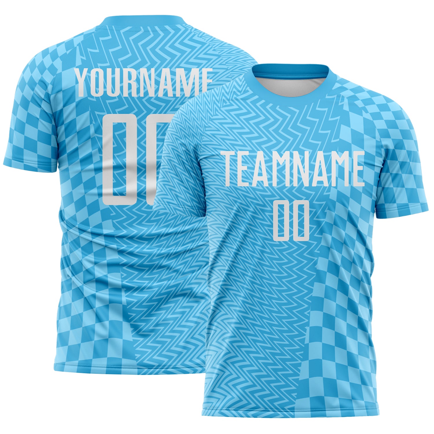 Custom Sky Blue-White Geometric Patchwork Asymmetry Checkered Zigzag Lines Sublimation Soccer Uniform Jersey