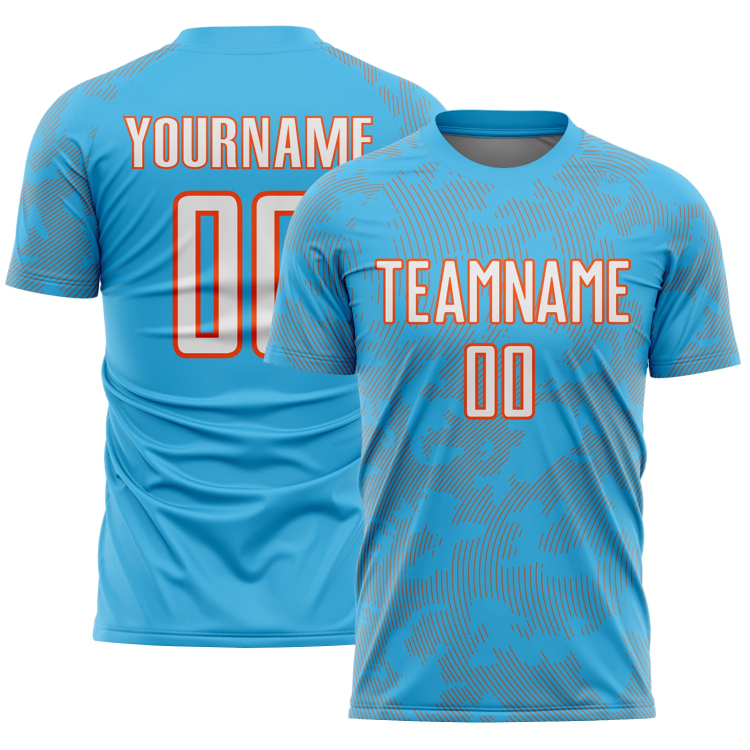 Custom Sky Blue White-Orange Curve Lines Sublimation Soccer Uniform Jersey