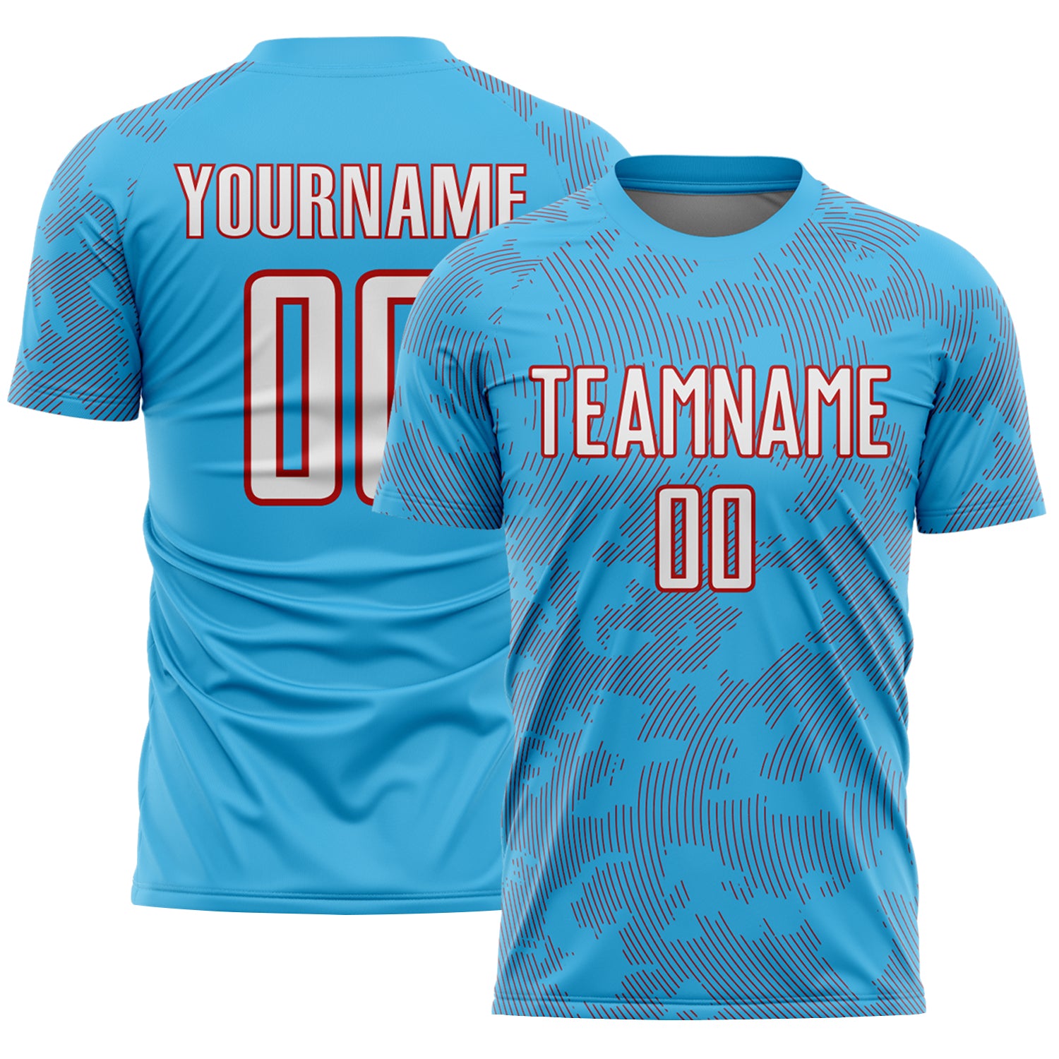 Custom Sky Blue White-Red Curve Lines Sublimation Soccer Uniform Jersey
