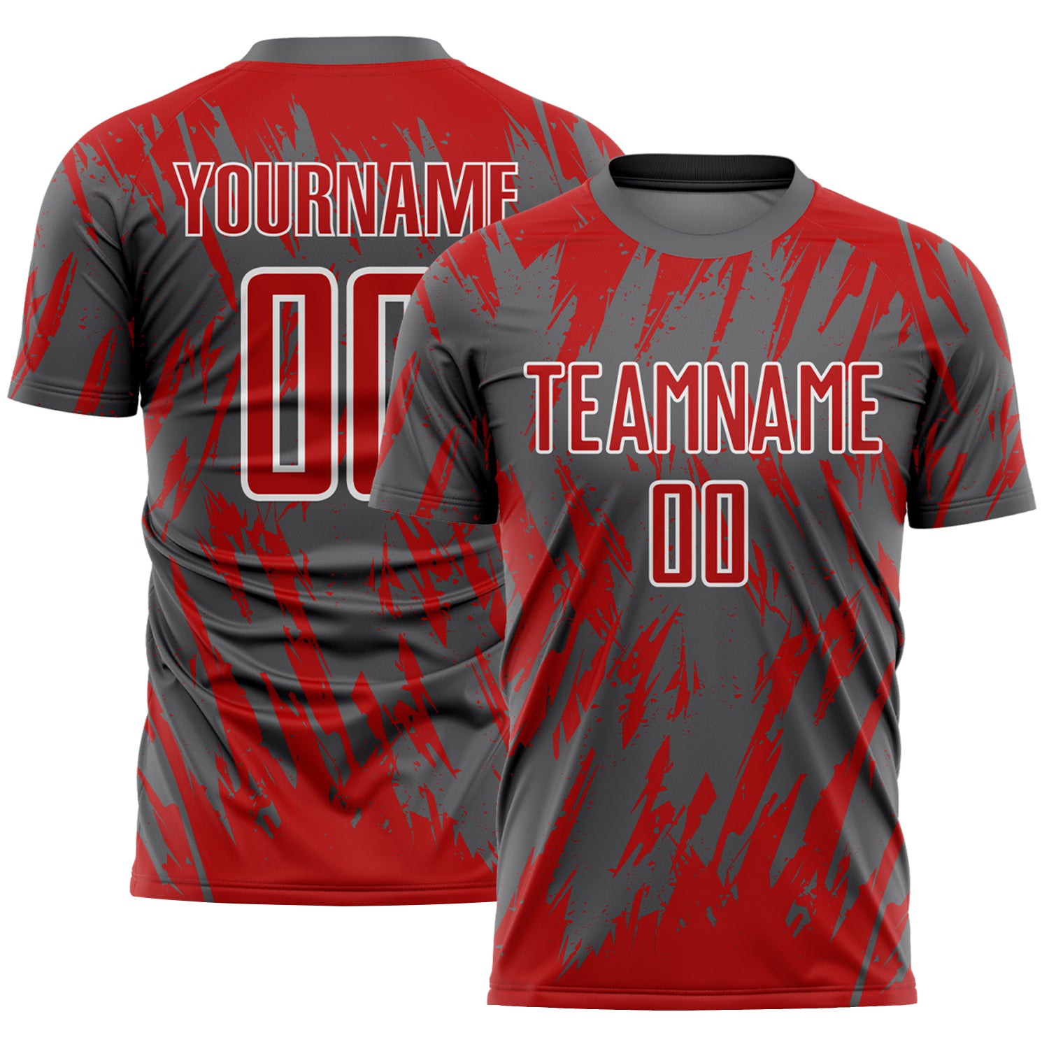 Custom Steel Gray Red-White Splatter Torn Sharp Brush Stroke Sublimation Soccer Uniform Jersey