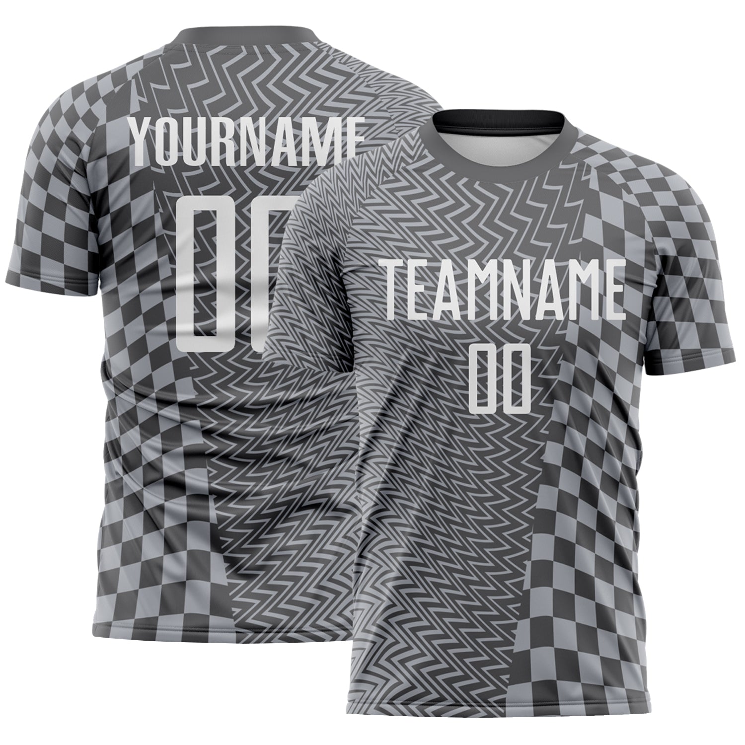 Custom Steel Gray-White Geometric Patchwork Asymmetry Checkered Zigzag Lines Sublimation Soccer Uniform Jersey