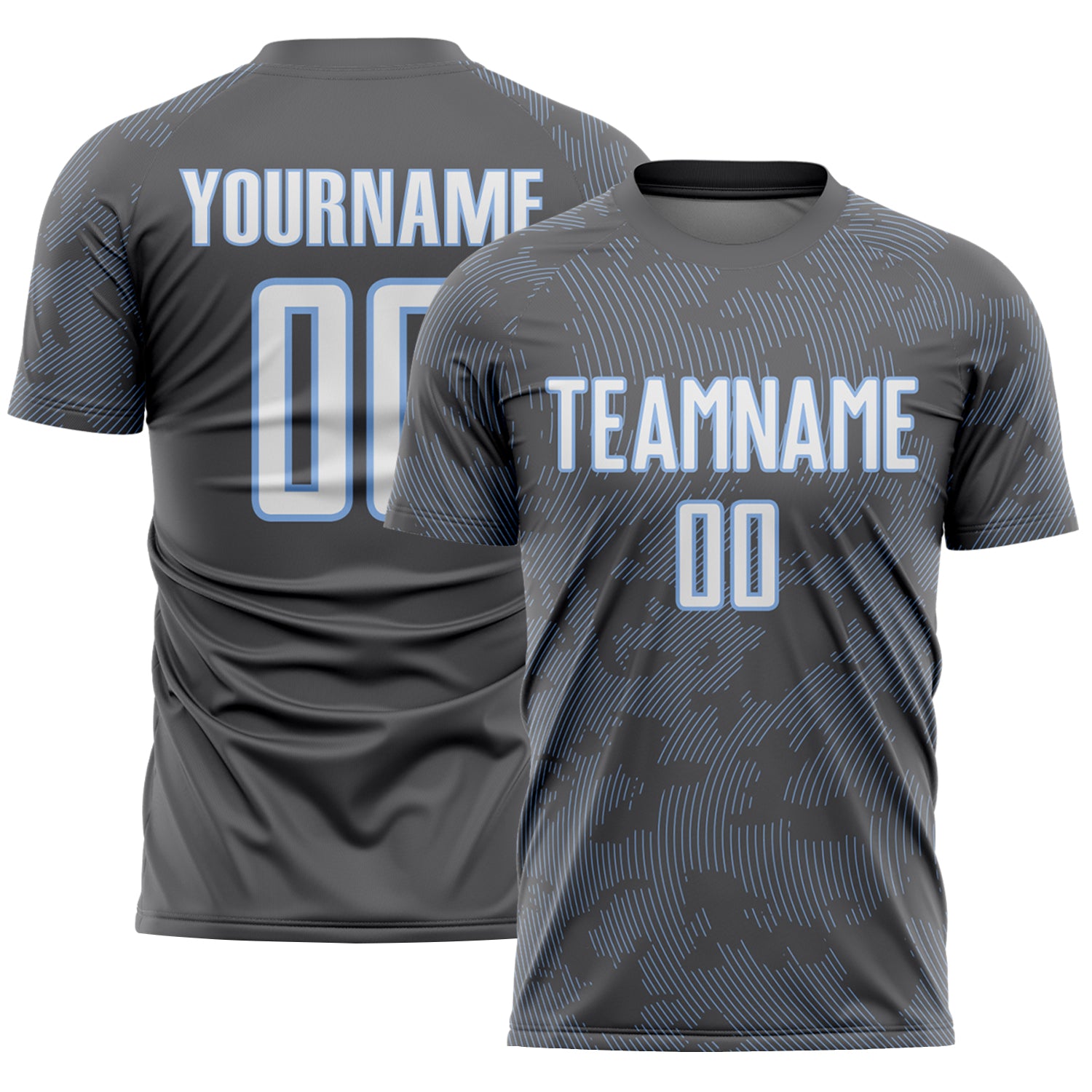 Custom Steel Gray White-Light Blue Curve Lines Sublimation Soccer Uniform Jersey