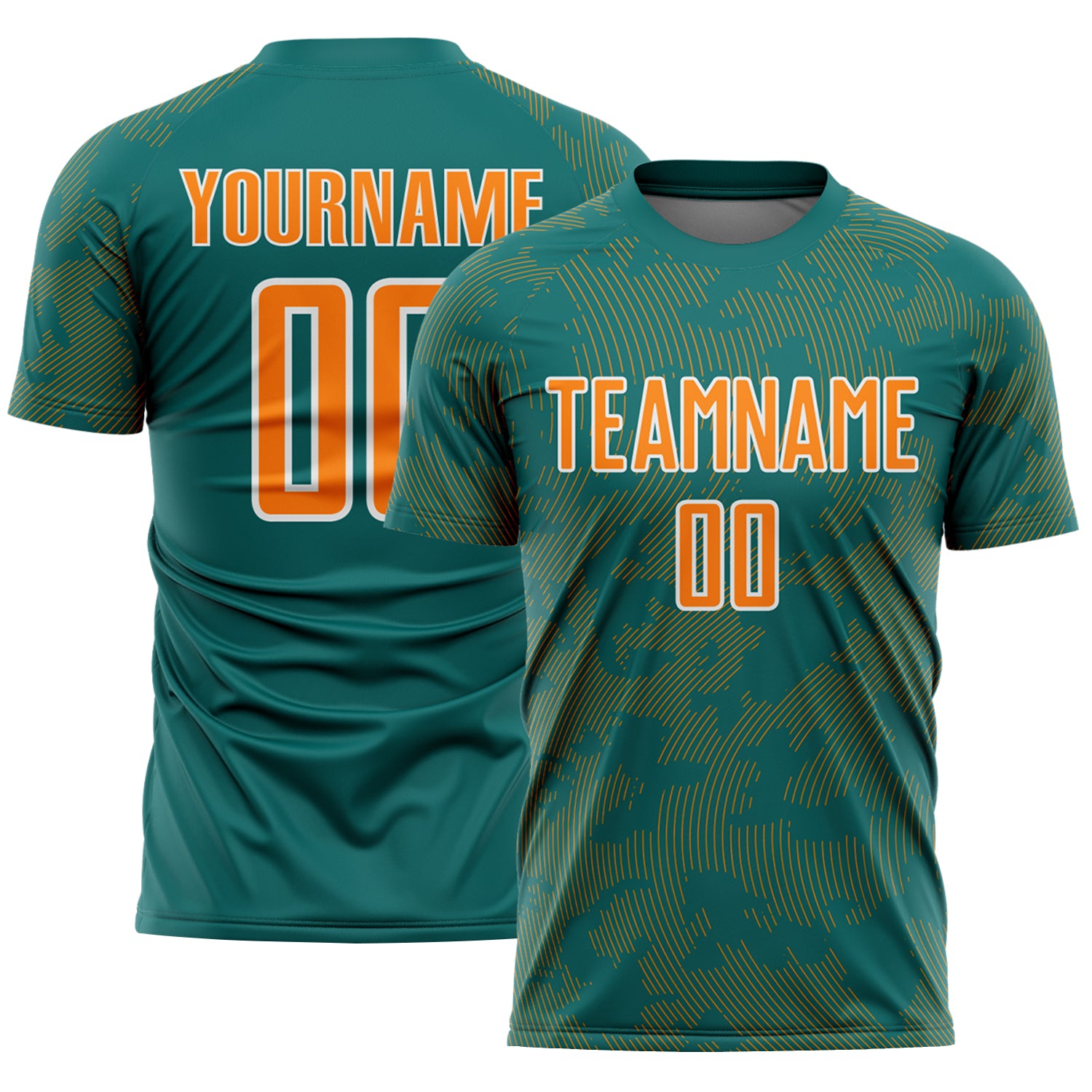 Custom Teal Bay Orange-White Curve Lines Sublimation Soccer Uniform Jersey