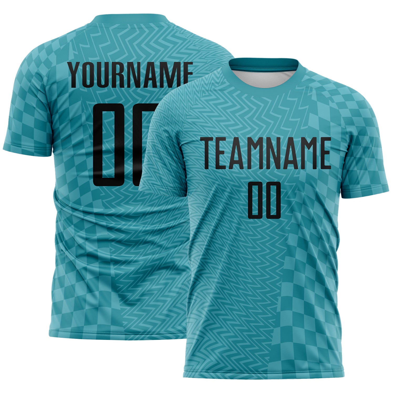 Custom Teal-Black Geometric Patchwork Asymmetry Checkered Zigzag Lines Sublimation Soccer Uniform Jersey