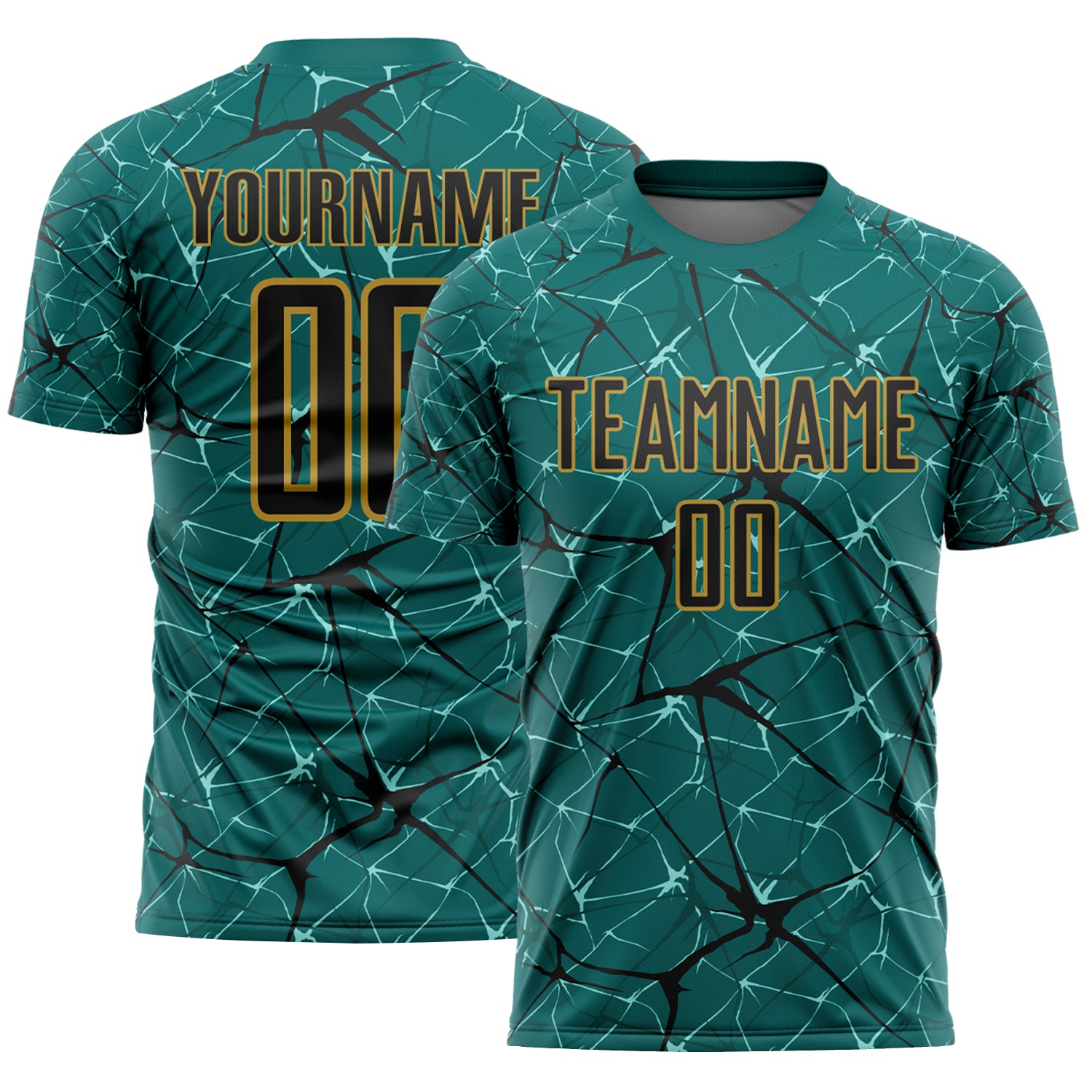 Custom Teal Black-Old Gold Abstract Network Crackle Sublimation Soccer Uniform Jersey