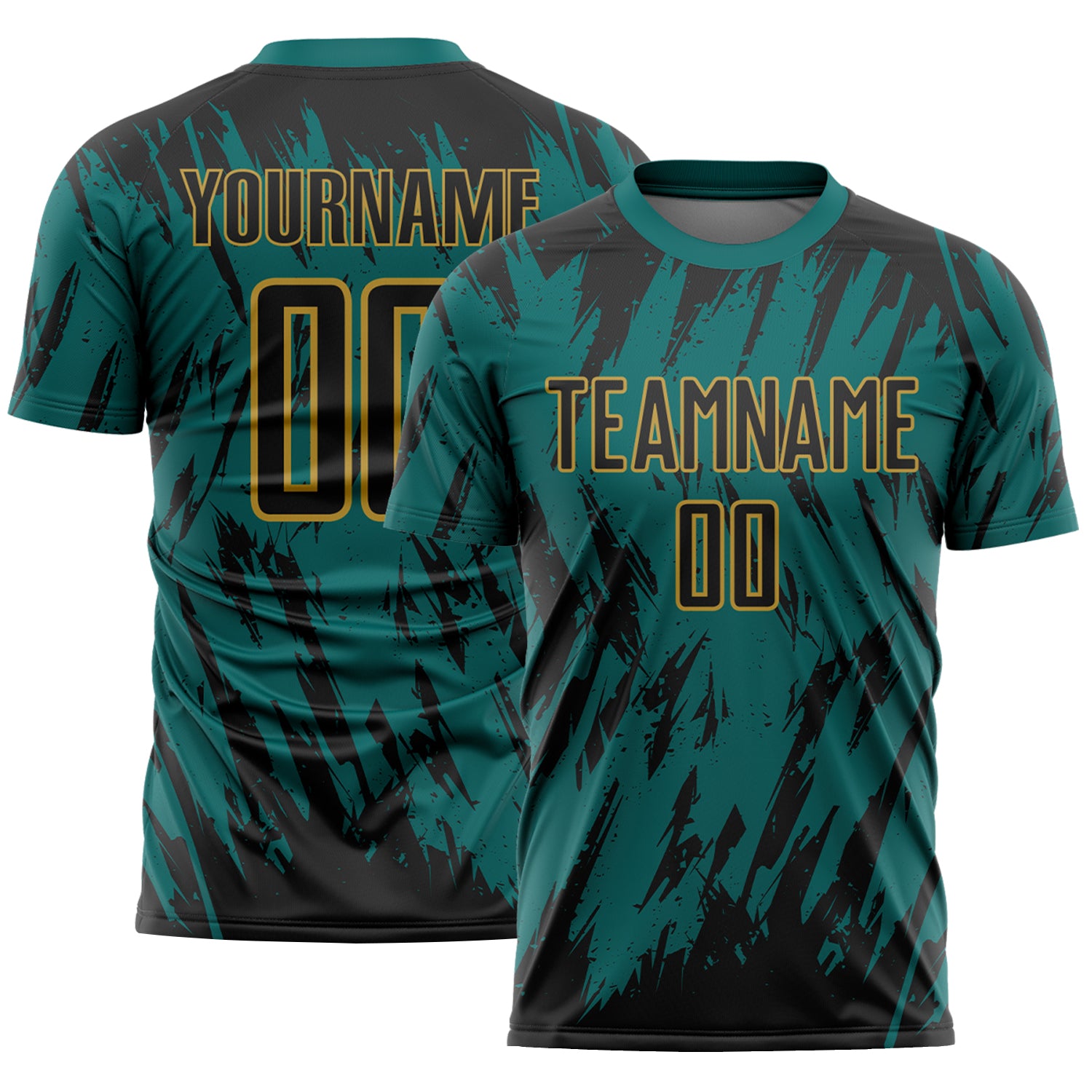 Custom Teal Black-Old Gold Splatter Torn Sharp Brush Stroke Sublimation Soccer Uniform Jersey