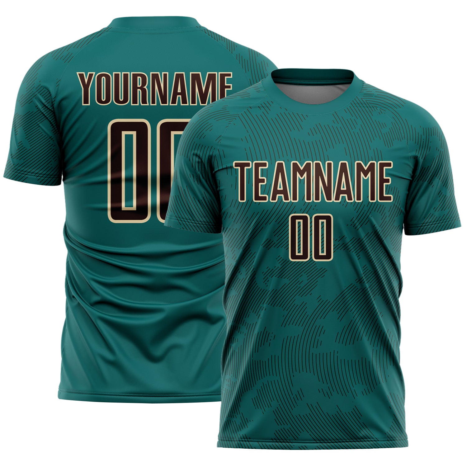 Custom Teal Brown-Cream Curve Lines Sublimation Soccer Uniform Jersey