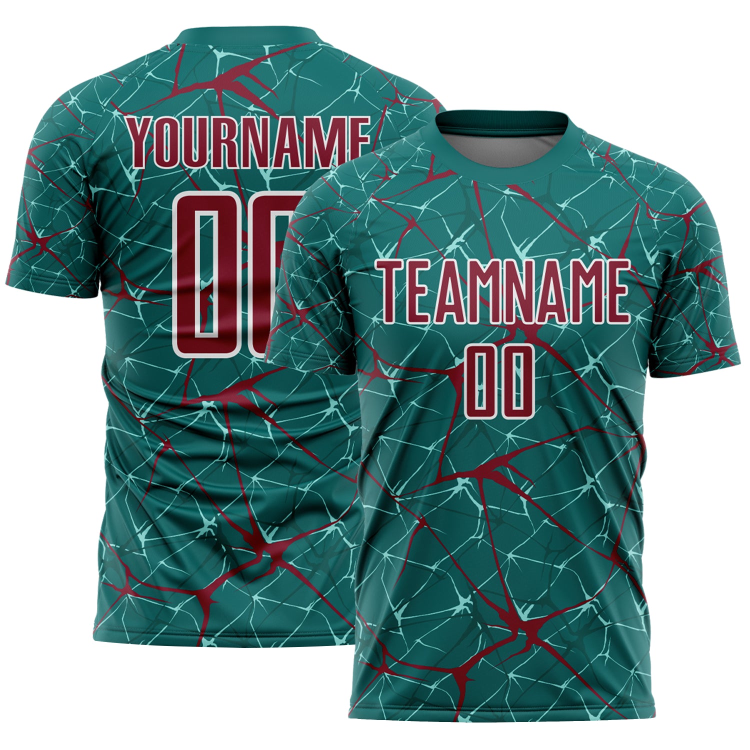 Custom Teal Crimson-White Abstract Network Crackle Sublimation Soccer Uniform Jersey